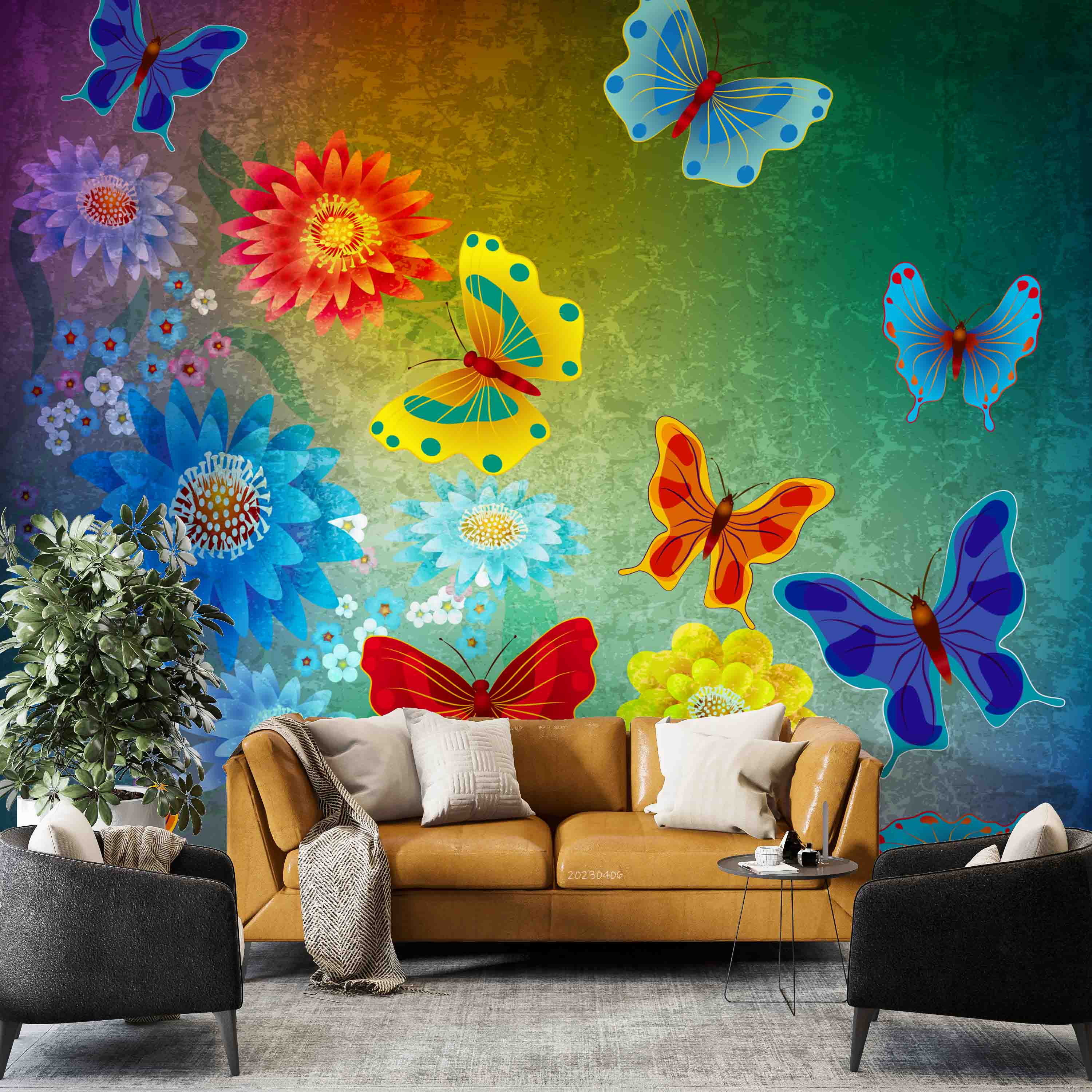 3D Abstract Colorful Butterfly Dark Green Floral Wall Mural Wallpaper GD 5662- Jess Art Decoration