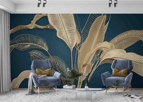 3D Vintage Gold Tropical Leaf Blue Background Wall Mural Wallpaper GD 5587- Jess Art Decoration