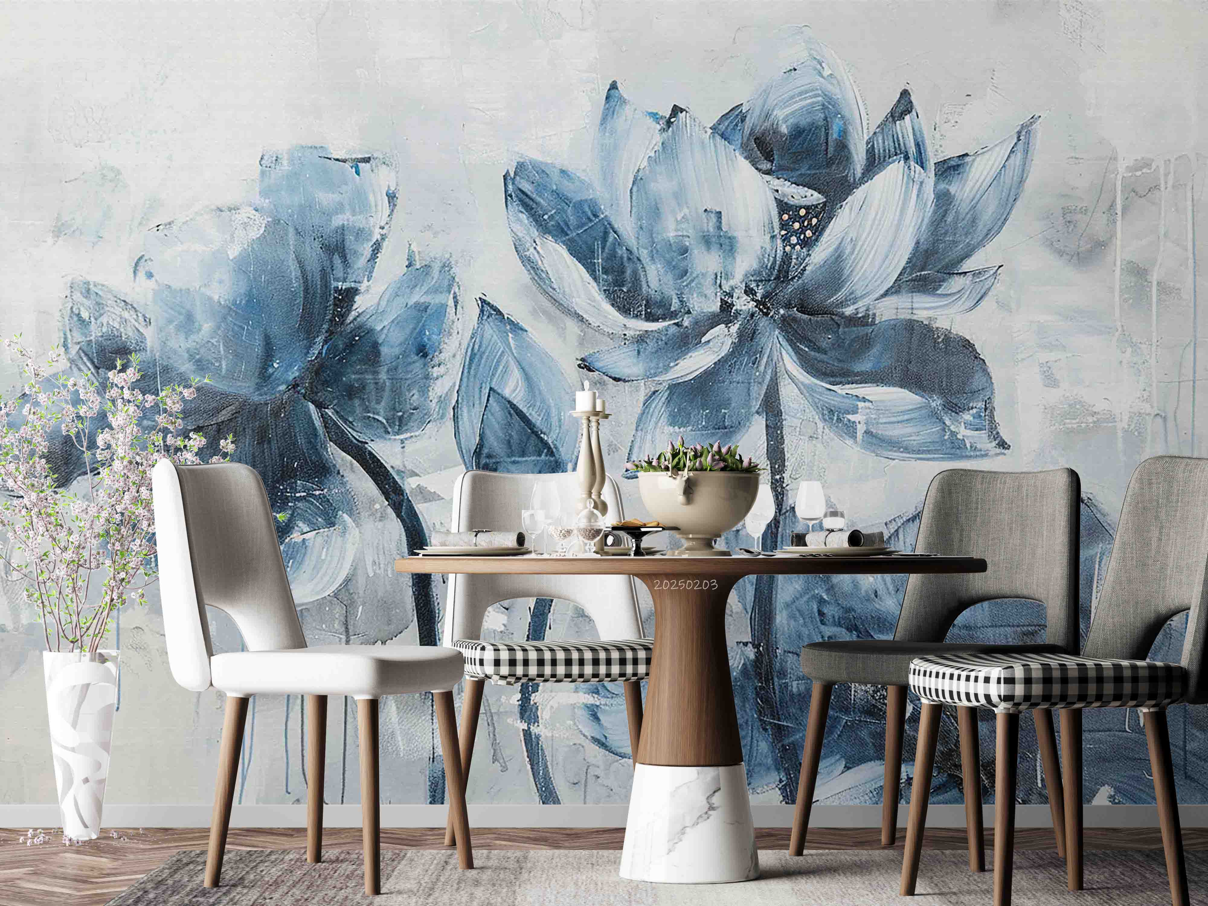 3D Blue Lotus Flower Oil Painting Wallpaper Wall Mural Wall Decor Wall Art Wall Sticker Remoable Wallpaper LQH