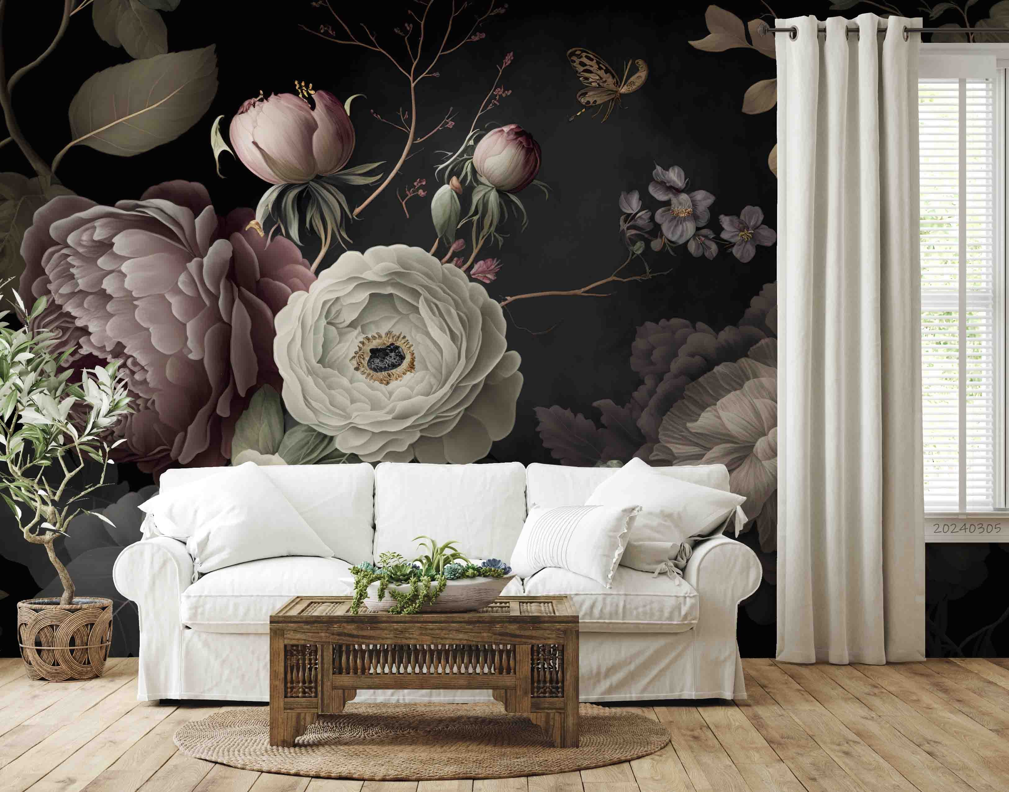 3D Floral Bouquet Dark Background Wallpaper Wall Mural Wall Decor Wall Art Wall Sticker Remoable Wallpaper