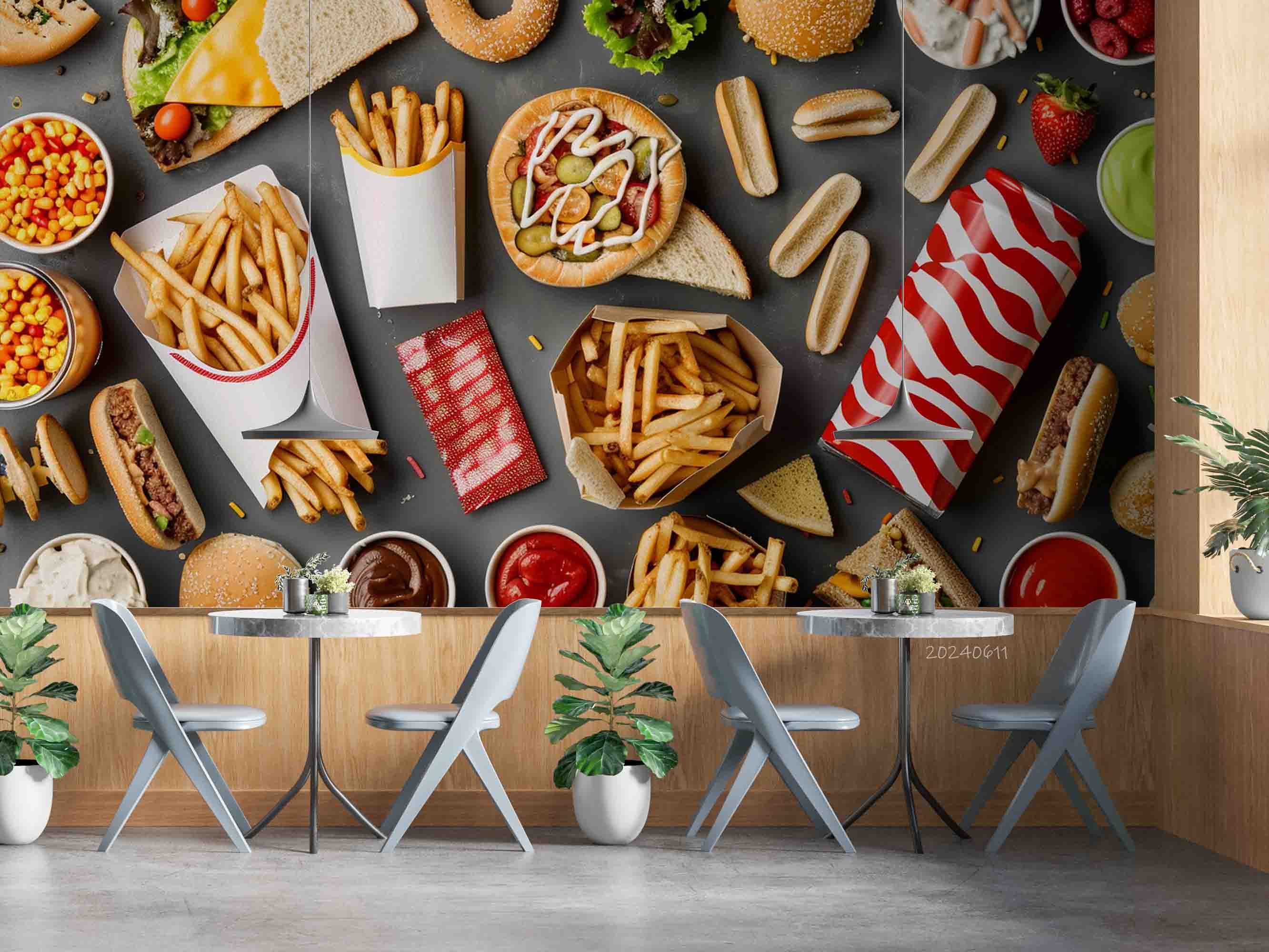 3D Hamburger Chips Ketchup Hot Dog Bread Niblet Wall Mural Wallpaper YXL 308