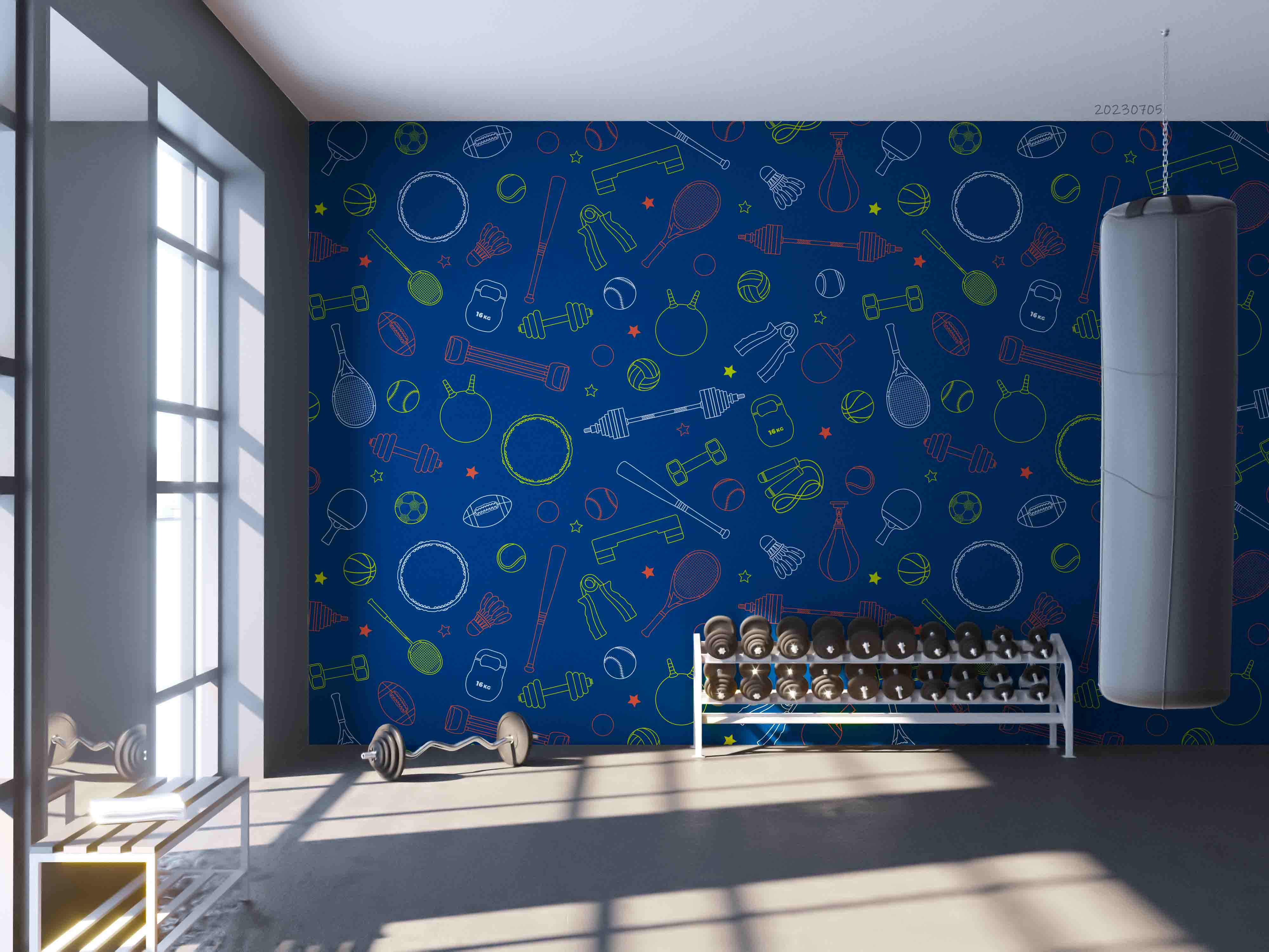 3D Sports Apparatus Dumbbell Badminton Wall Mural Wallpaper YXL 1781