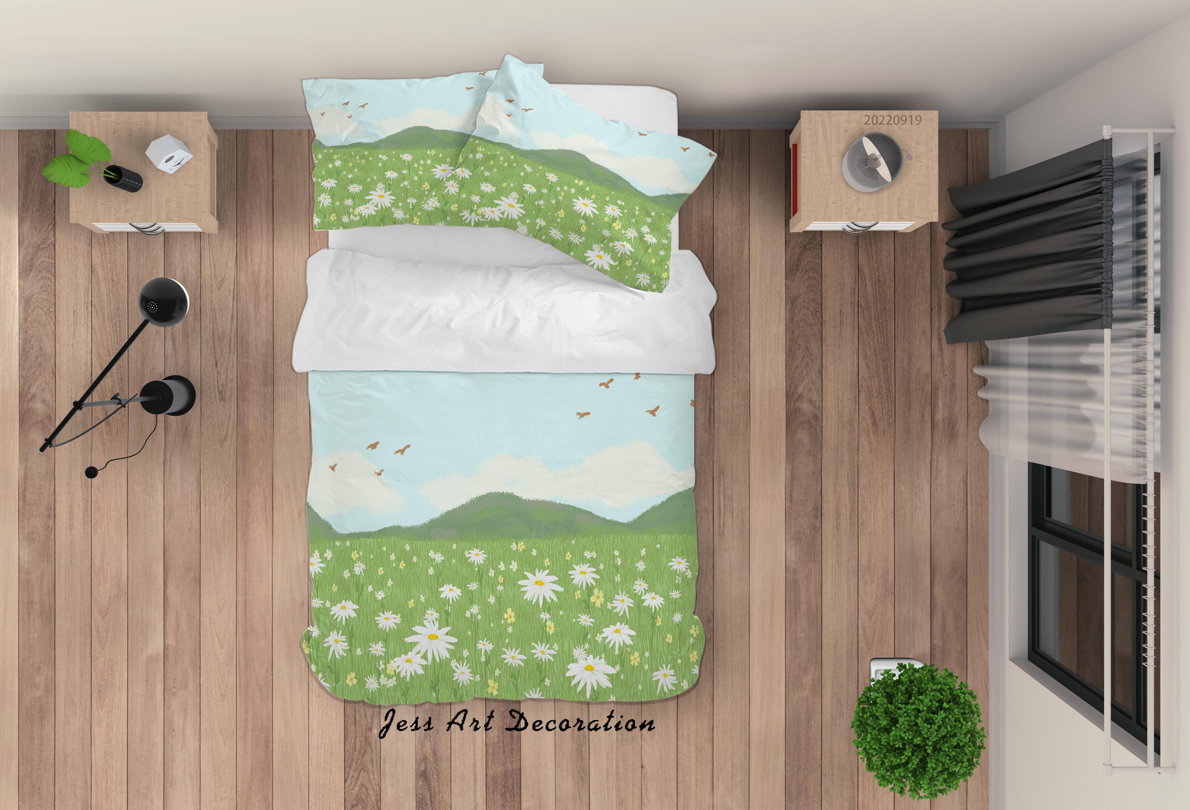 3D Floral Mountain Grassland Small Daisy Bird Cloud Quilt Cover Set Bedding Set Duvet Cover Pillowcase 175