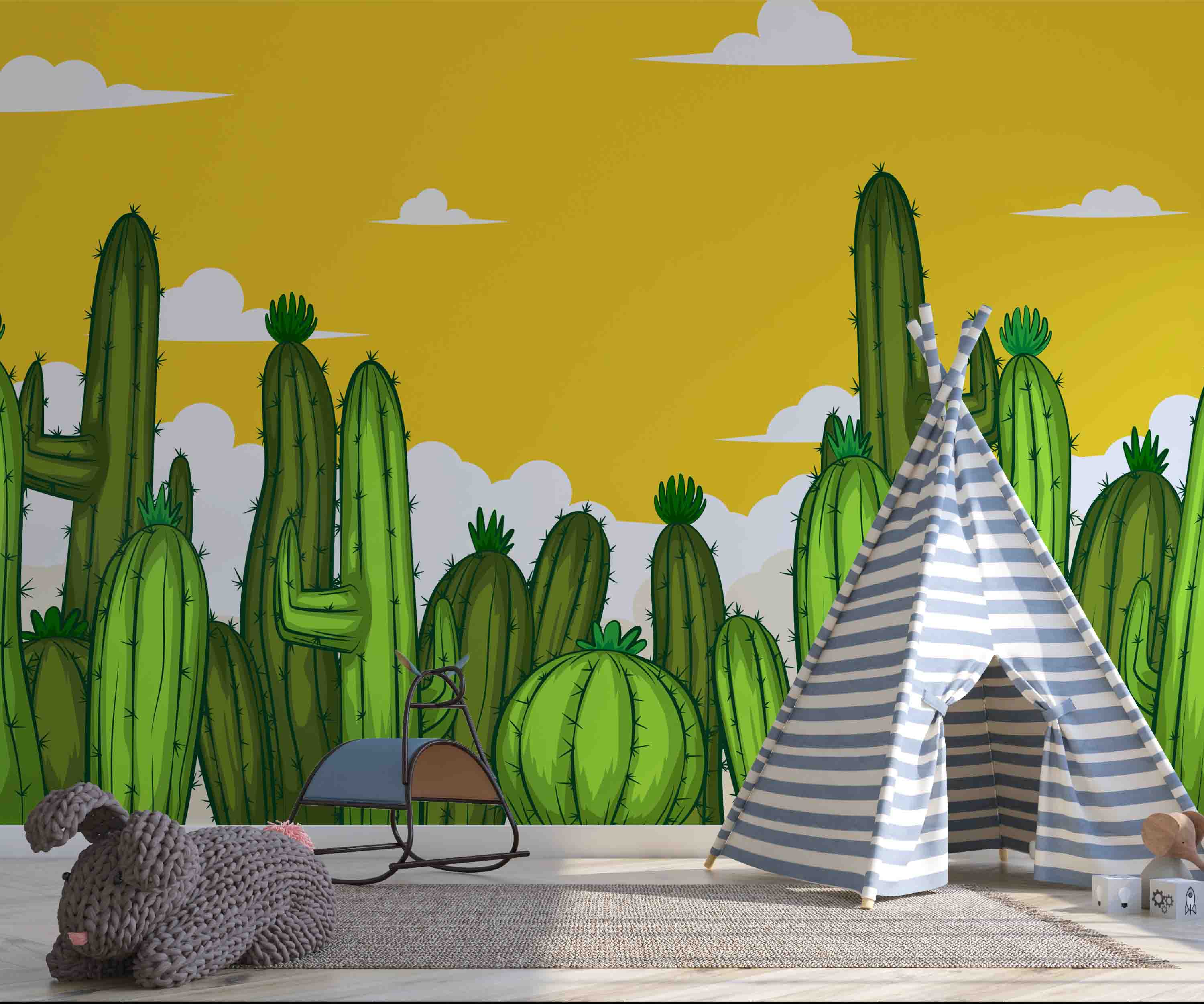 3D Yellow Cactus Sky playful desert cactus illustration wall mural wallpaper for kids room - view 5