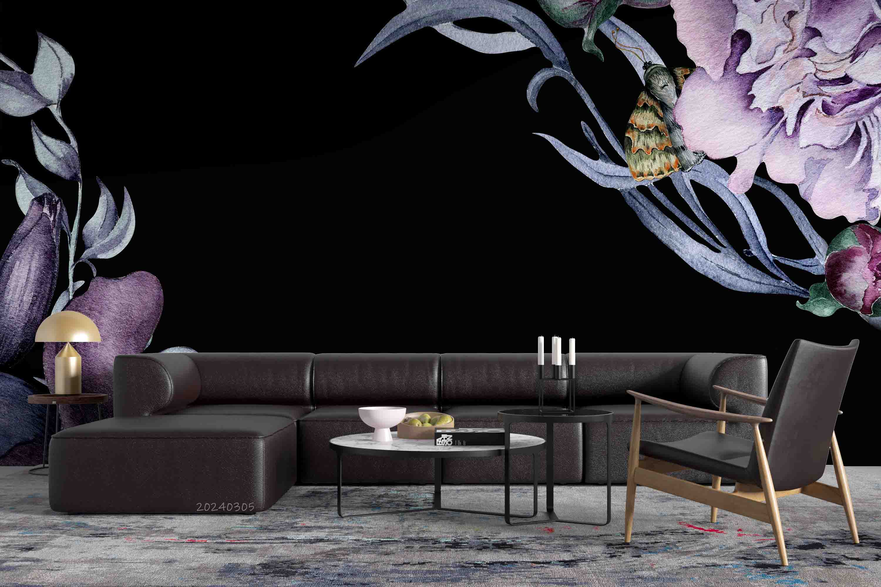 3D Purple Floral Leaves Dark Background Wallpaper Wall Mural Wall Decor Wall Art Wall Sticker Remoable Wallpaper