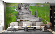 3D Old Wooden Long Bridge Lake Green Grass Wall Mural Wallpaper GD 4304- Jess Art Decoration