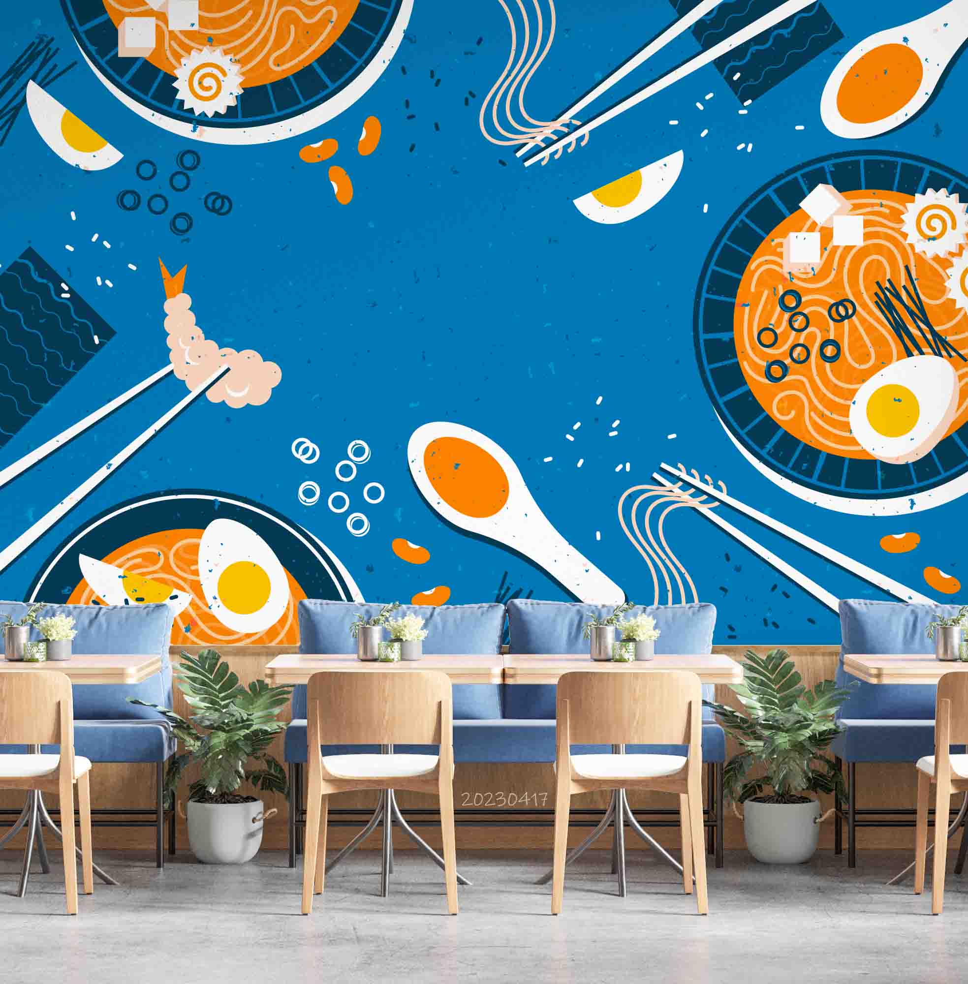 3D Ramen Soup Blue Background Wall Mural Wallpaper GD 5483- Jess Art Decoration
