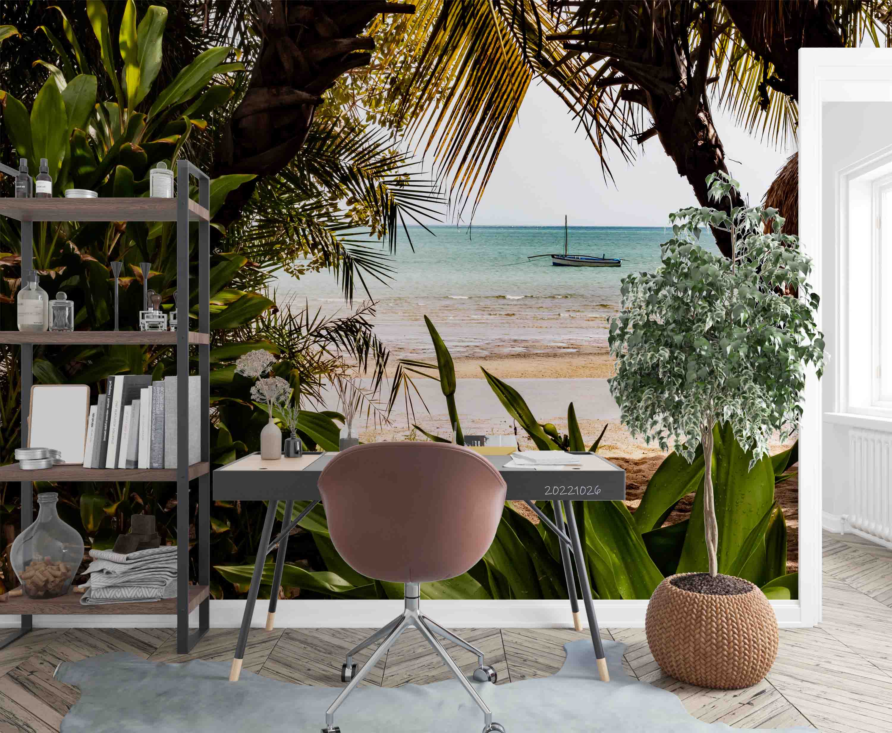 3D Tropical Beach Sea Waves Boat Coconut Trees Wall Mural Wallpaper GD 3179- Jess Art Decoration