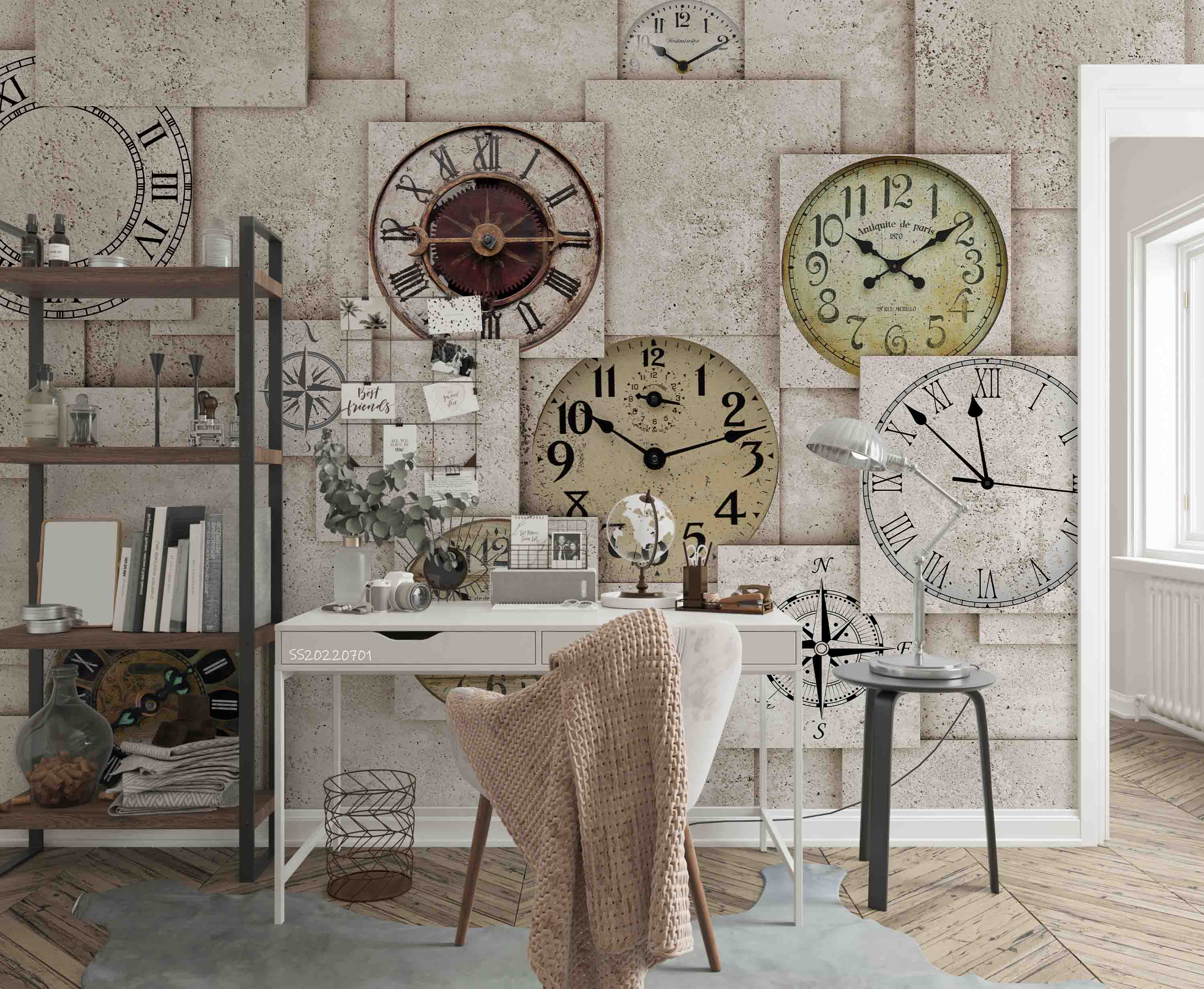 3D Vintage Clock Pattern Wall Mural Wallpaper GD 5004- Jess Art Decoration