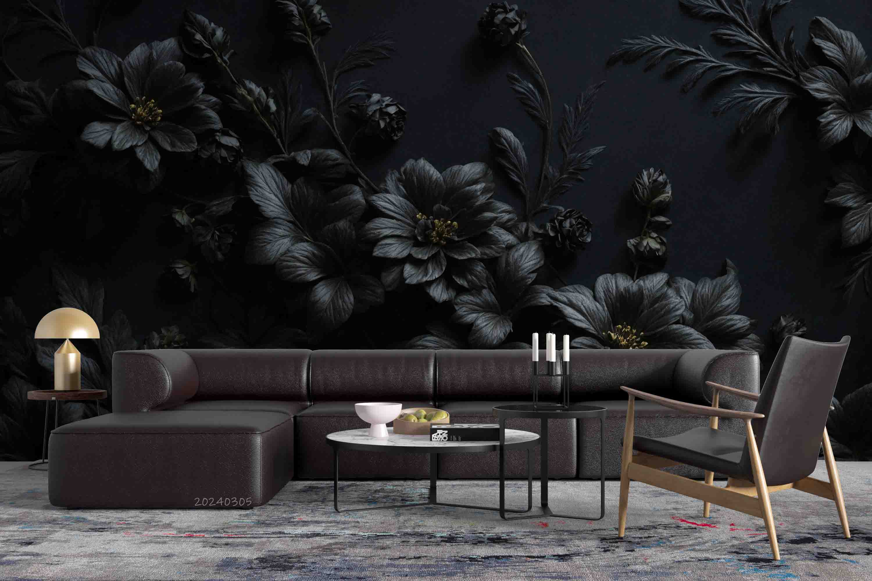 3D Black Floral Leaves Bouquet Dark Background Wallpaper Wall Mural Wall Decor Wall Art Wall Sticker Remoable Wallpaper