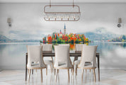 3D Building Lake Mountains Fog Autumn Landscape Wall Mural Wallpaper JN 401