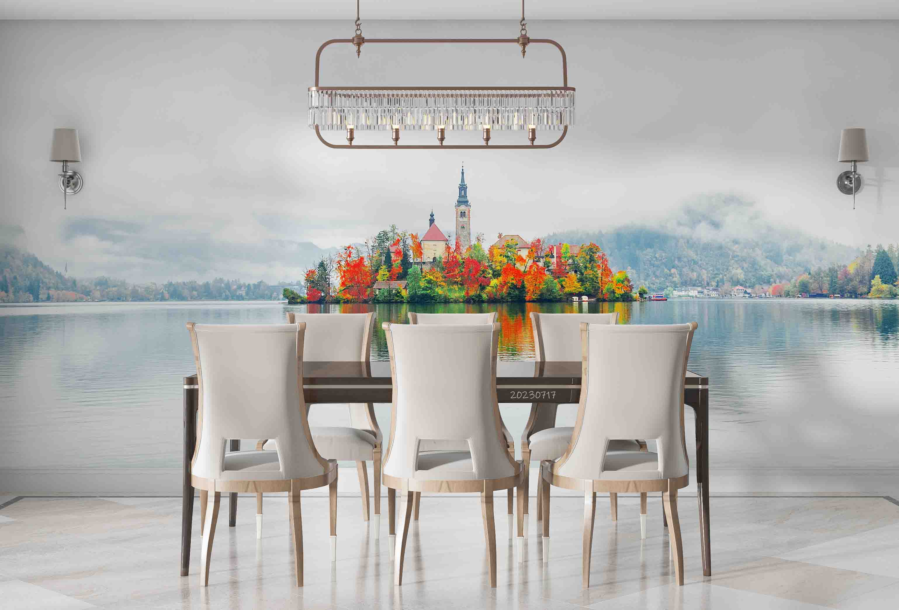 3D Building Lake Mountains Fog Autumn Landscape Wall Mural Wallpaper JN 401