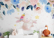 3D Cartoon Watercolor Animal Rabbit Floral Leaf Kids Wall Mural Wallpaper GD 3772- Jess Art Decoration