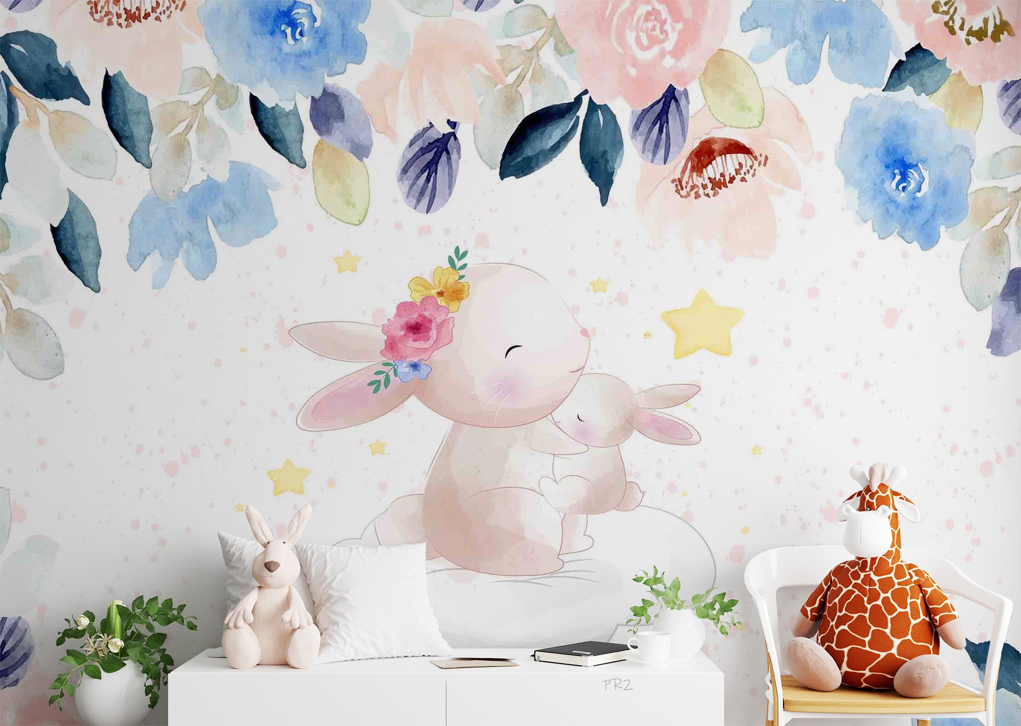 3D Cartoon Watercolor Animal Rabbit Floral Leaf Kids Wall Mural Wallpaper GD 3772- Jess Art Decoration