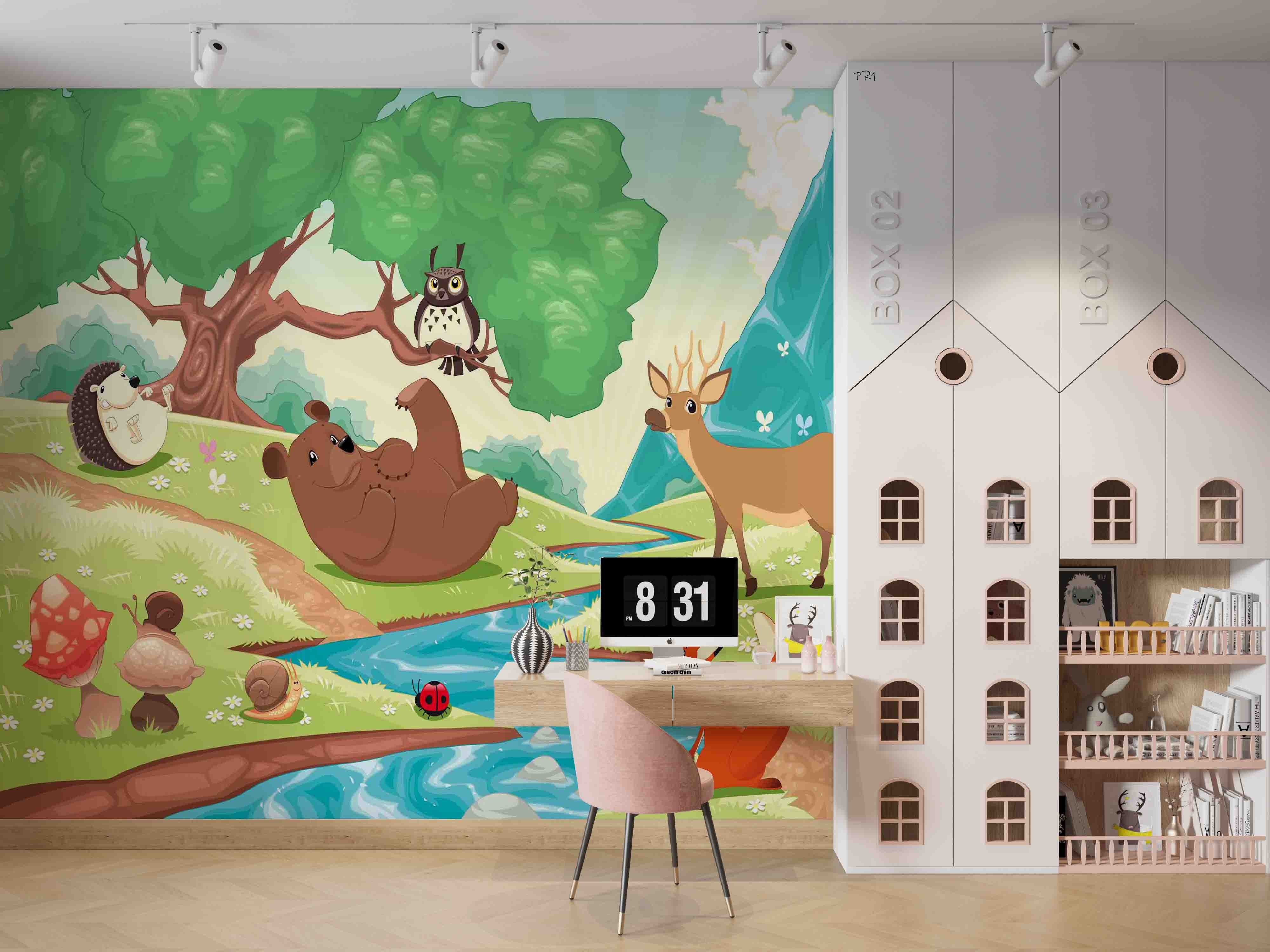 3D Woodland Bear Hedgehog cute woodland animal illustration wall mural wallpaper for nursery - view 2