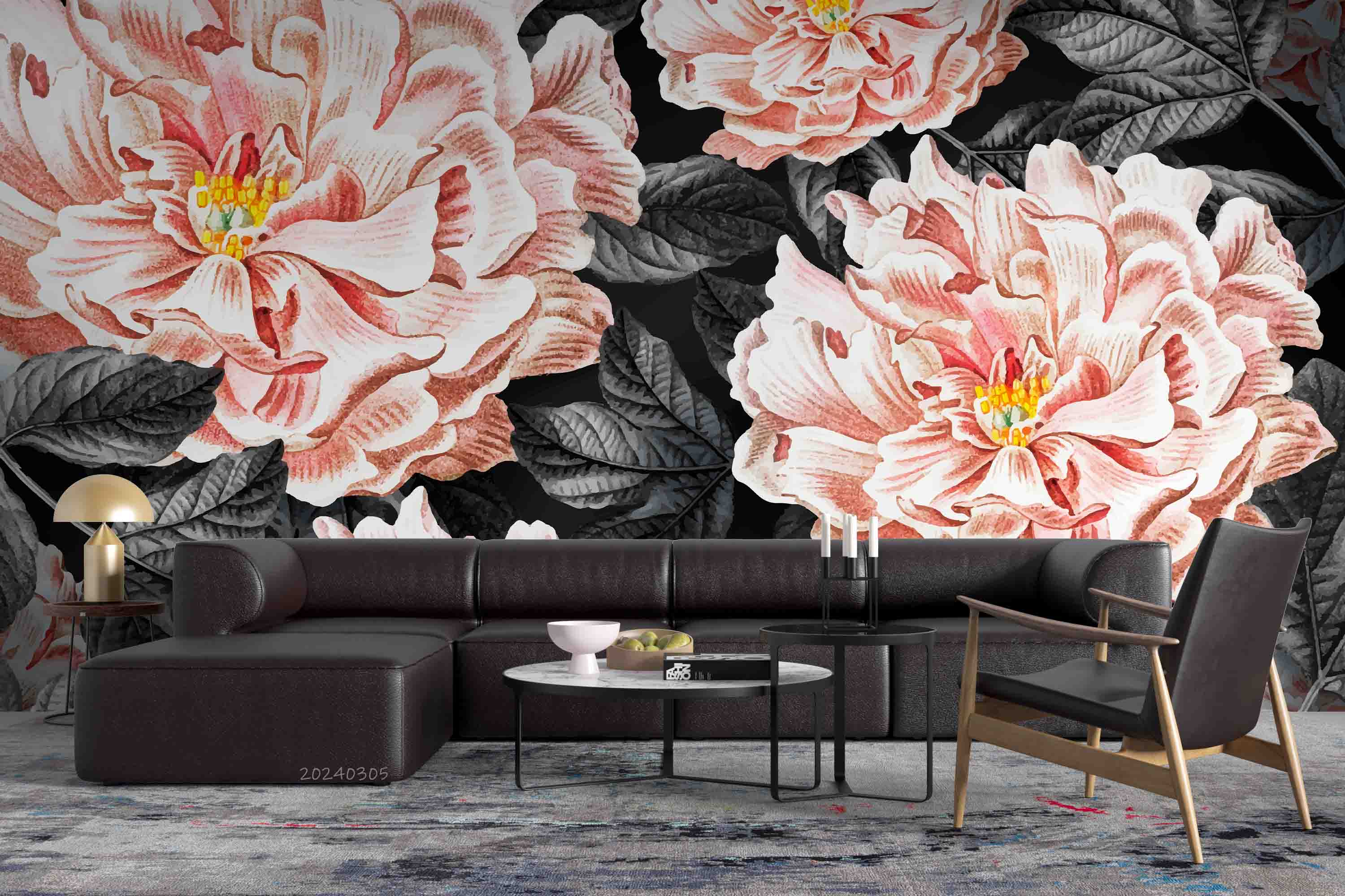 3D Pink Floral Bouquet Dark Background Wallpaper Wall Mural Wall Decor Wall Art Wall Sticker Remoable Wallpaper