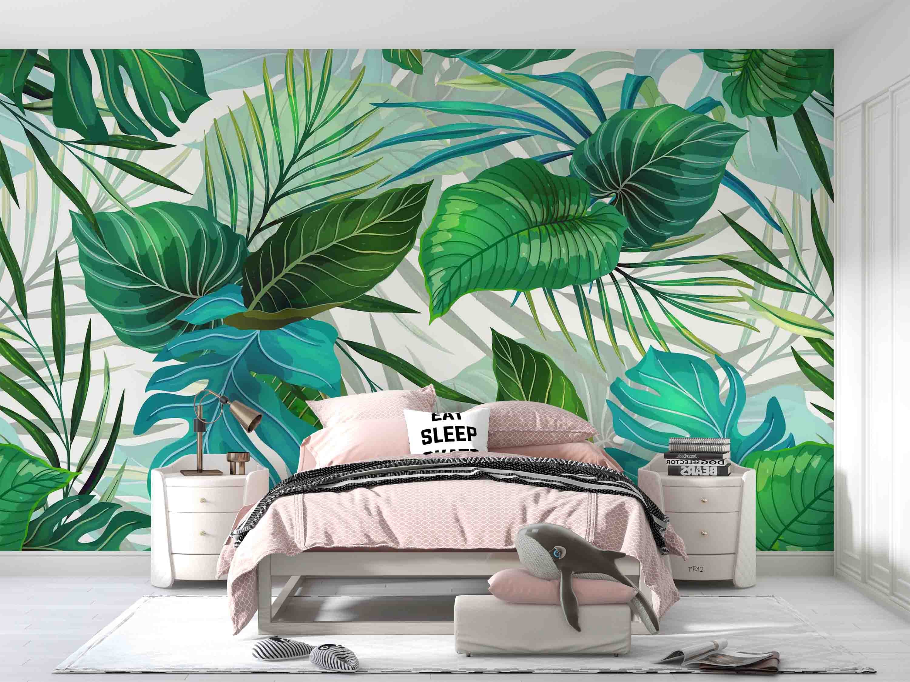 3D Watercolor Tropical Green Leaf Wall Mural Wallpaper GD 4928- Jess Art Decoration