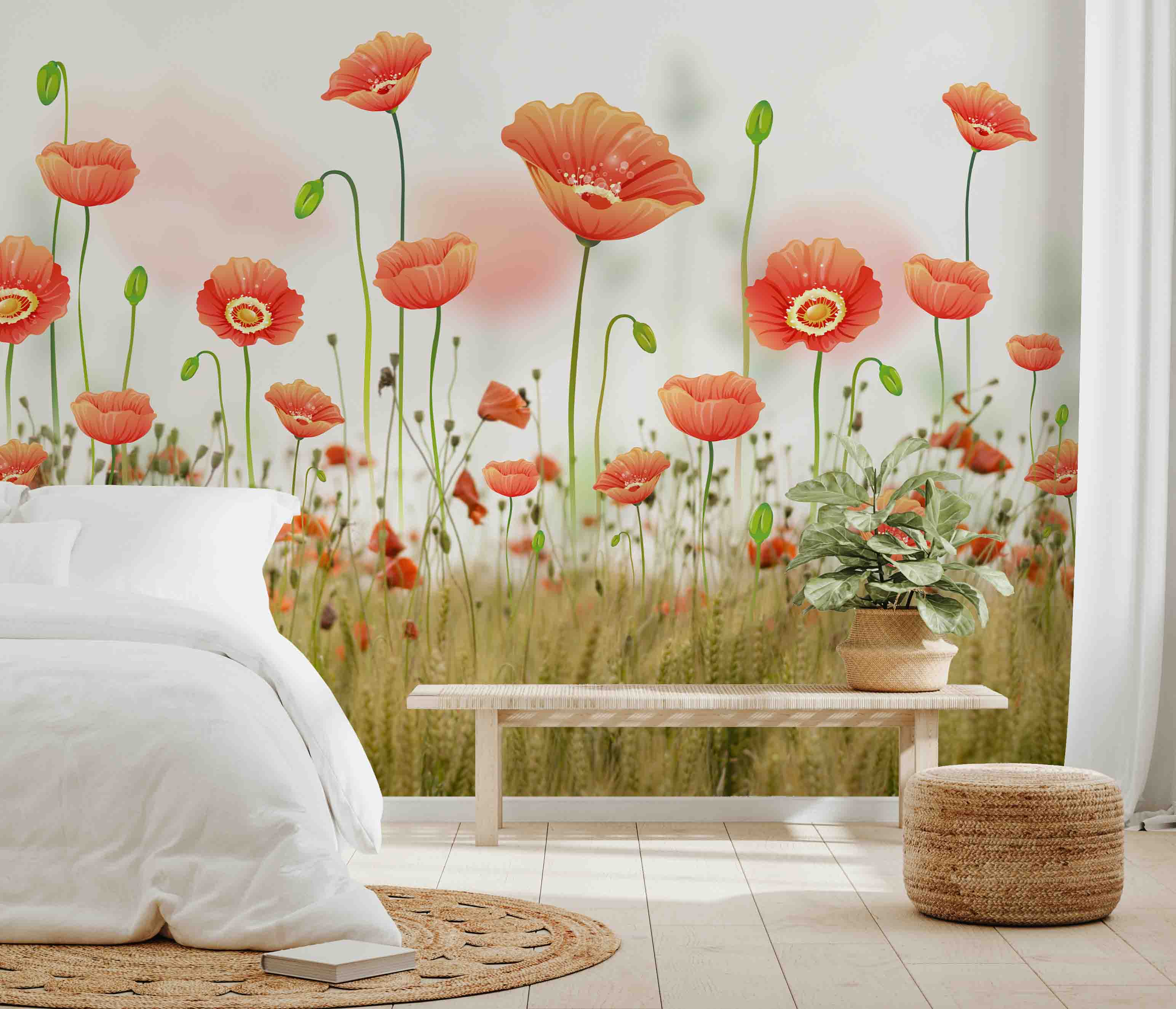 3D Yellow Poppy Meadow bright poppy flower field wall mural wallpaper for bedroom