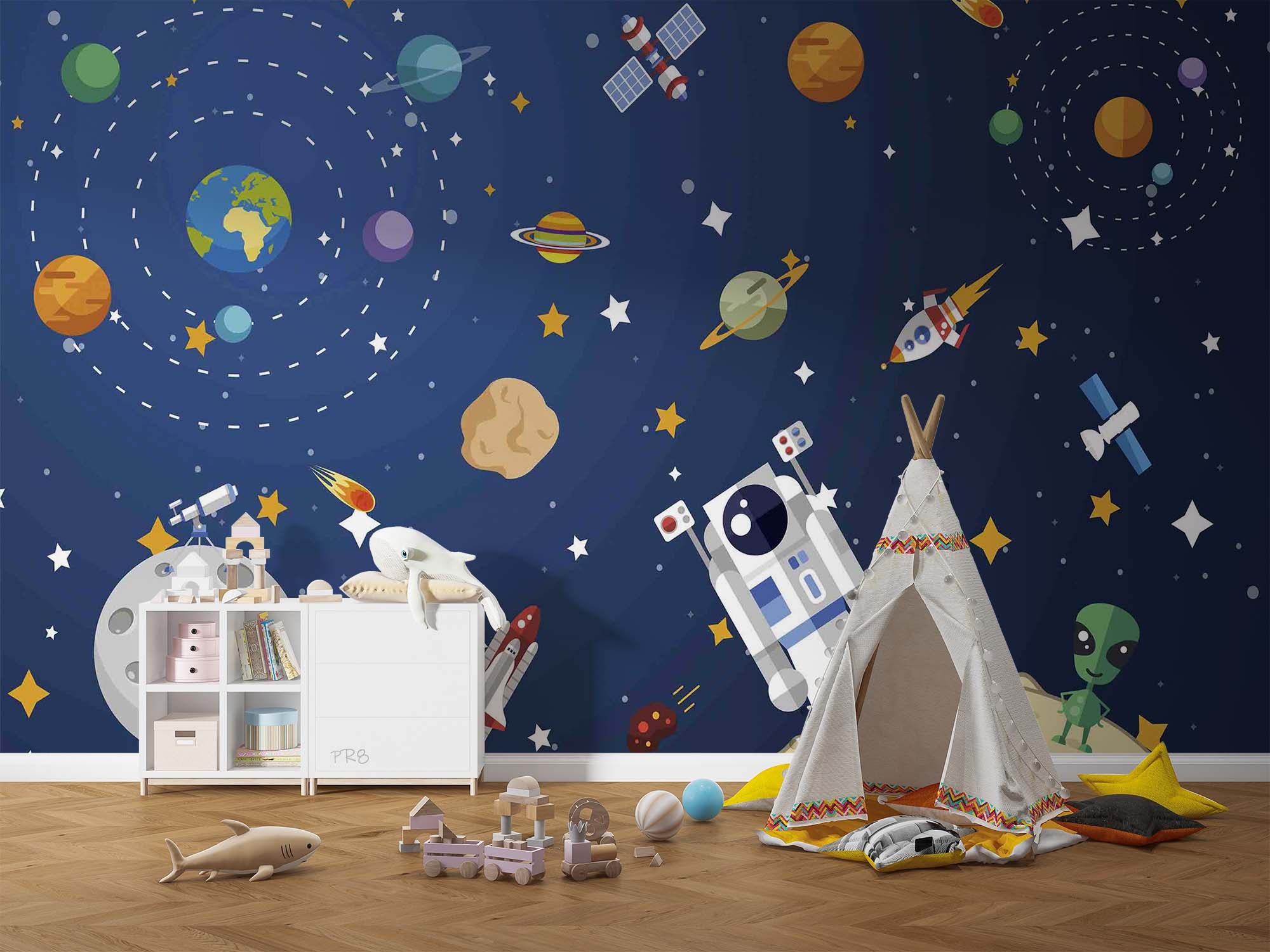 3D Cartoon Space Planet Satellite Star Wall Mural Wallpaper GD 4551- Jess Art Decoration
