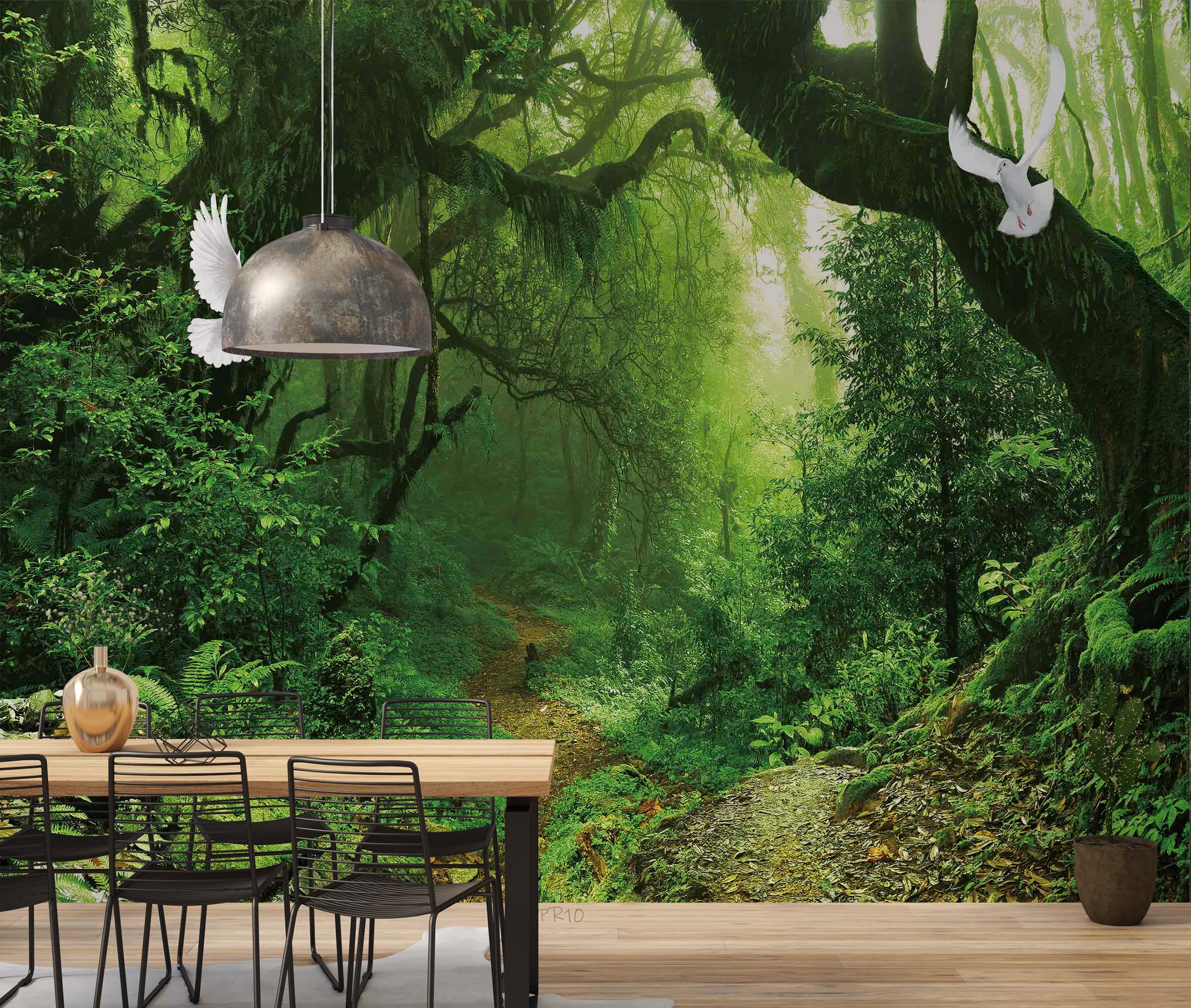 3D Forest Green Trees Path Sunshine Pigeon Wall Mural Wallpaper GD 4812- Jess Art Decoration