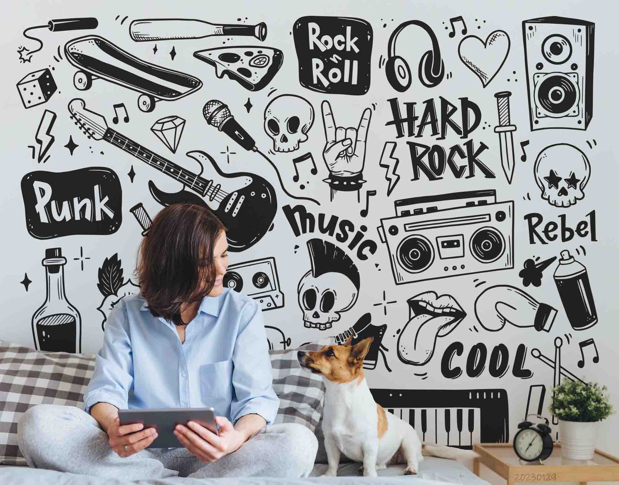 3D Graffiti Tape Skull Guitar Organ Floral Loudspeaker Box Black Wall Mural Wallpaper YXL 09- Jess Art Decoration