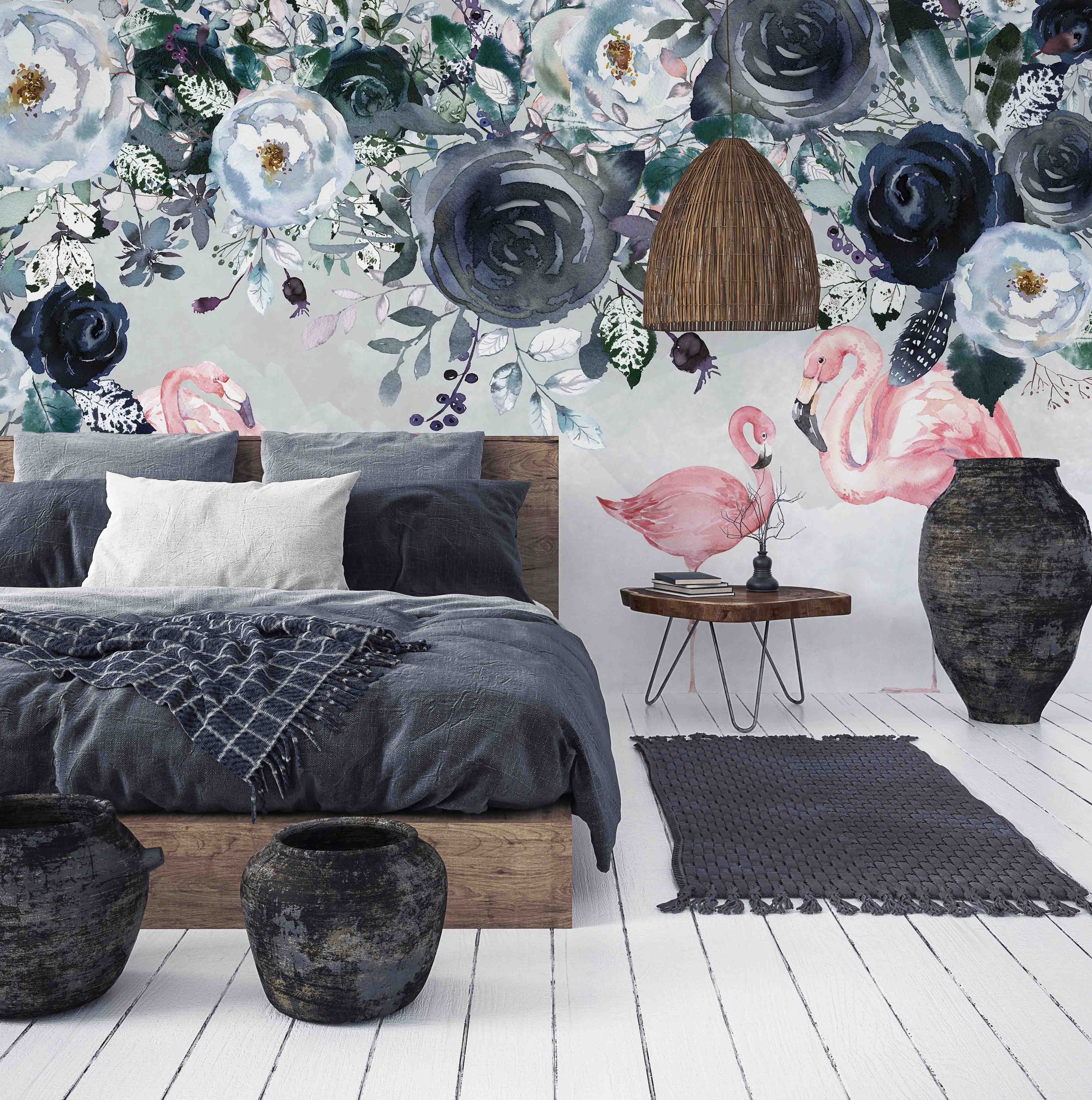 3D Black Rose Pink Flamingo Wall Mural Wallpaper 423