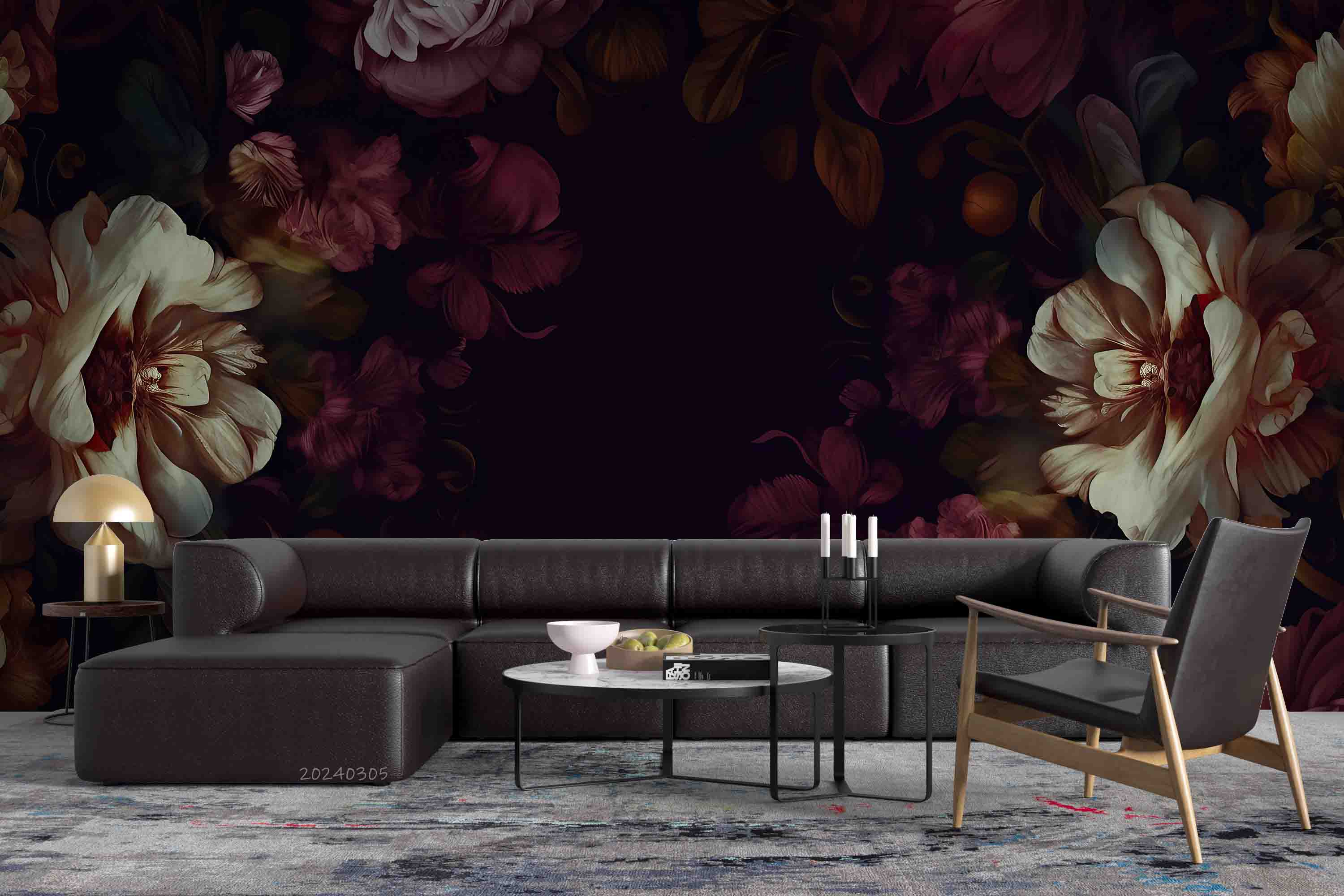 3D Black Floral Leaves Bouquet Dark Background Wallpaper Wall Mural Wall Decor Wall Art Wall Sticker Remoable Wallpaper