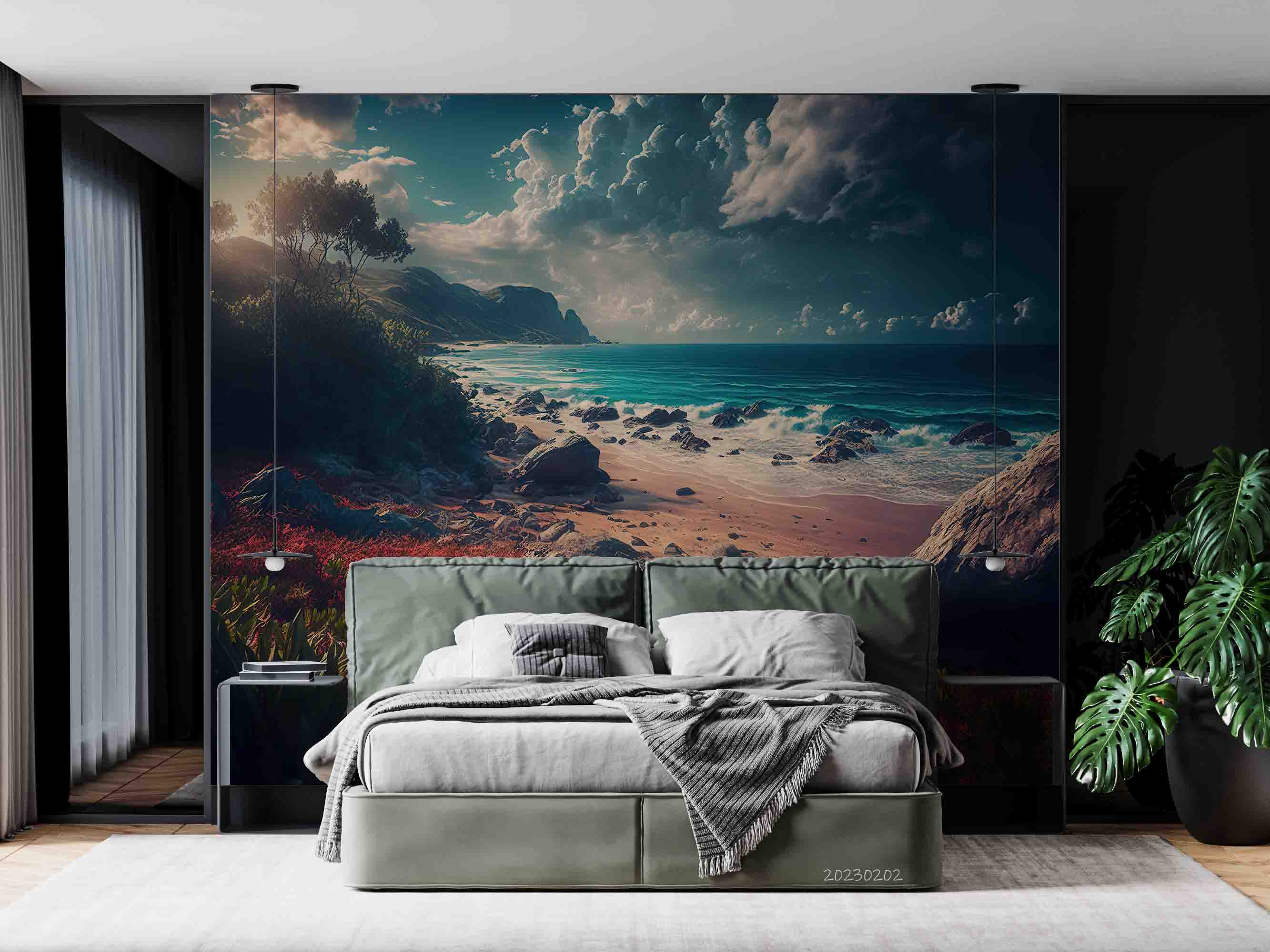 3D Sandbeach Ocean Mountain Blue Spindrift Tree Wall Mural Wallpaper YXL 5- Jess Art Decoration