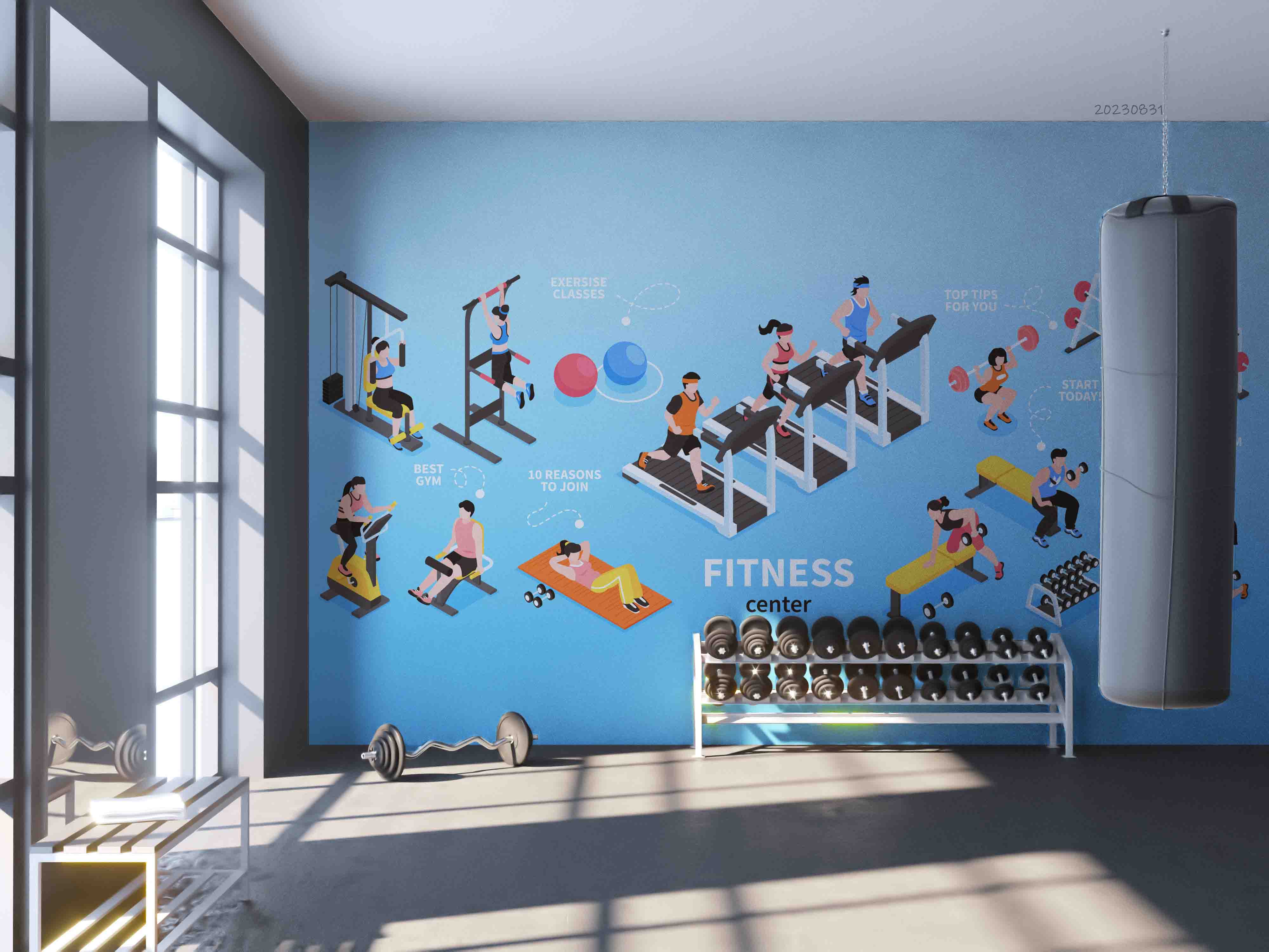 3D Gym Bike Treadmill Horizontal Bar Dumbbell Wall Mural Wallpaper YXL 2393