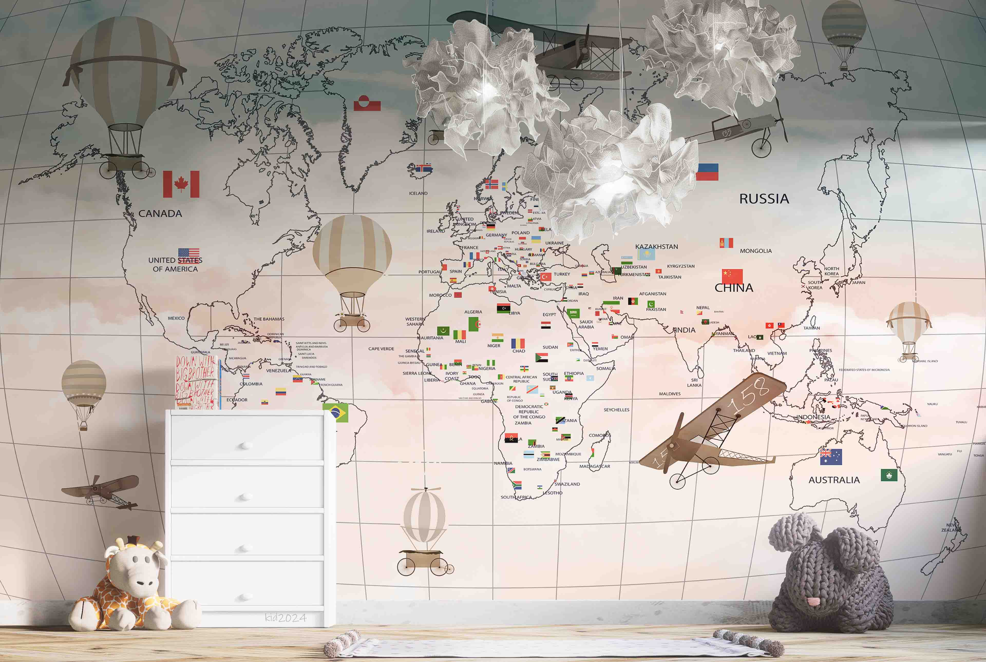 3D World Map Hydrogen Balloon Aircraft Rectangle Wall Mural Wallpaper YXL 357