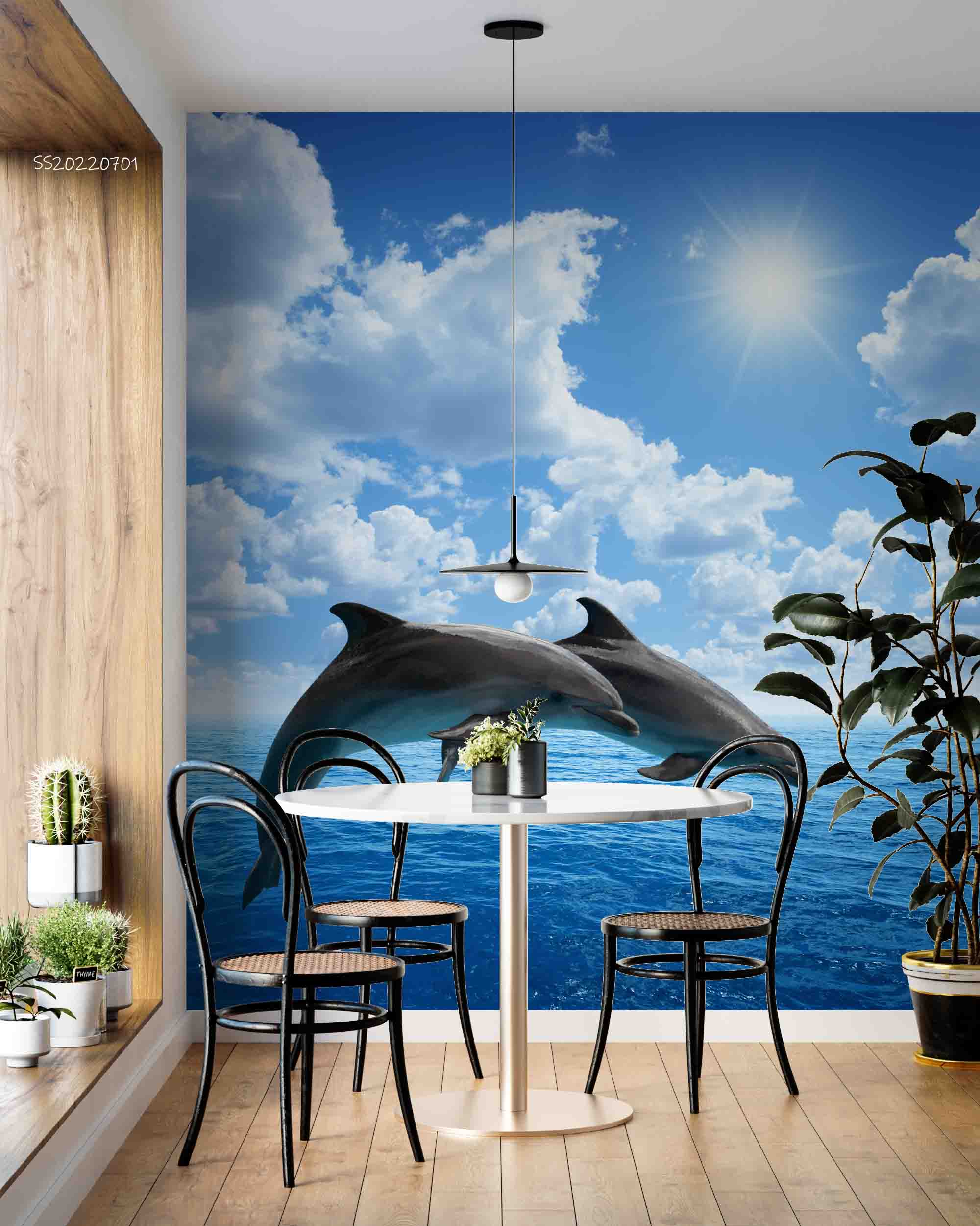 3D Jumping Dolphins Couple Blue Sea Sky White Clouds Wall Mural Wallpaper GD 5043- Jess Art Decoration