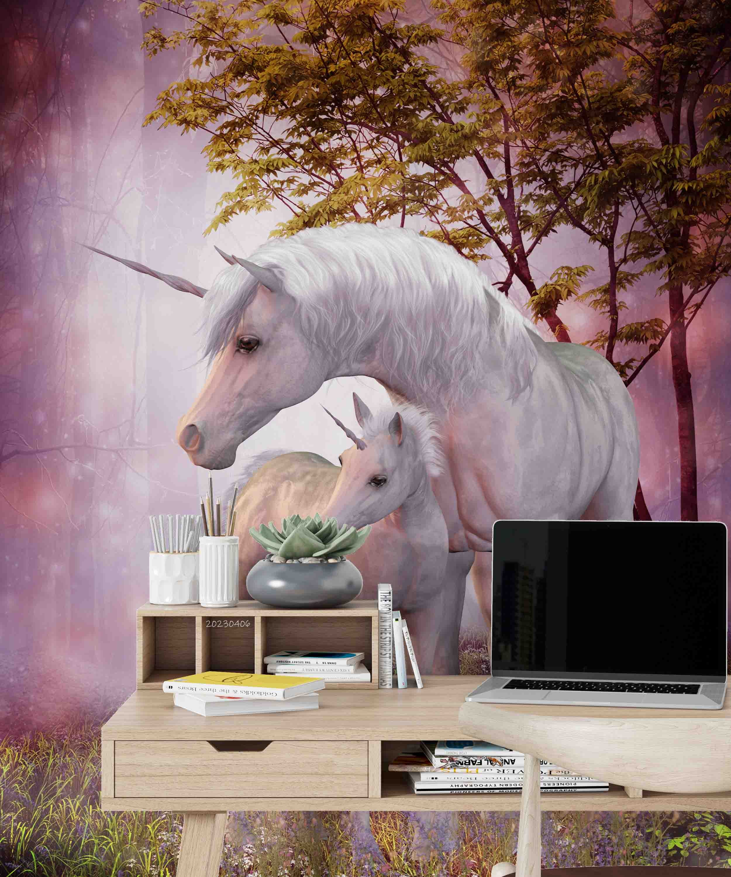 3D Unicorn Mare Foal Magic Forest Wall Mural Wallpaper GD 5658- Jess Art Decoration