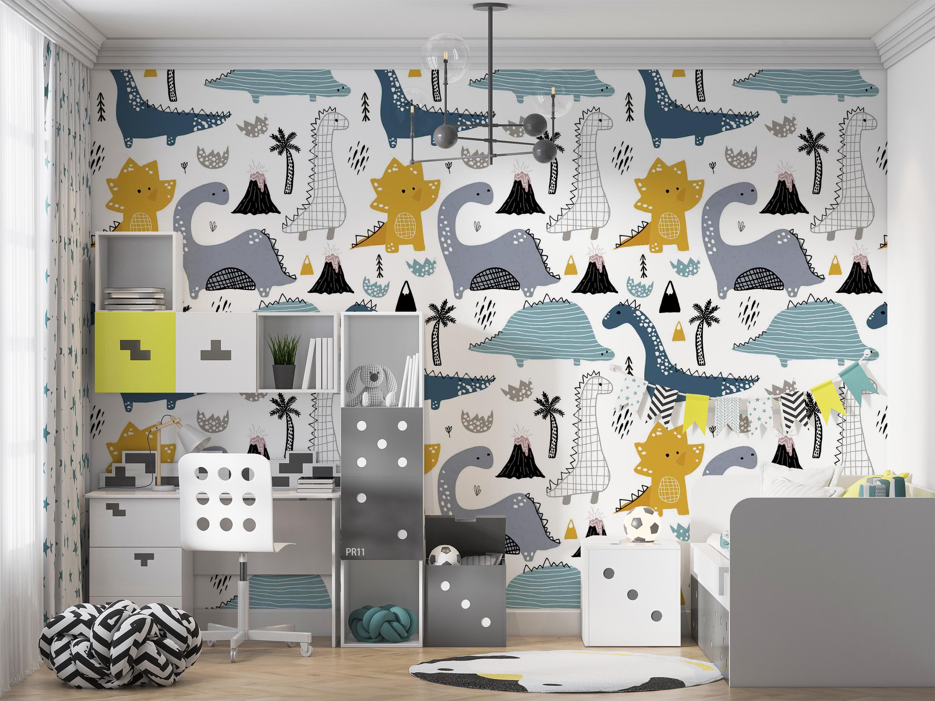 3D Cute Dinosaur Pattern cute dinosaur volcano pattern wall mural wallpaper for nursery - view 2