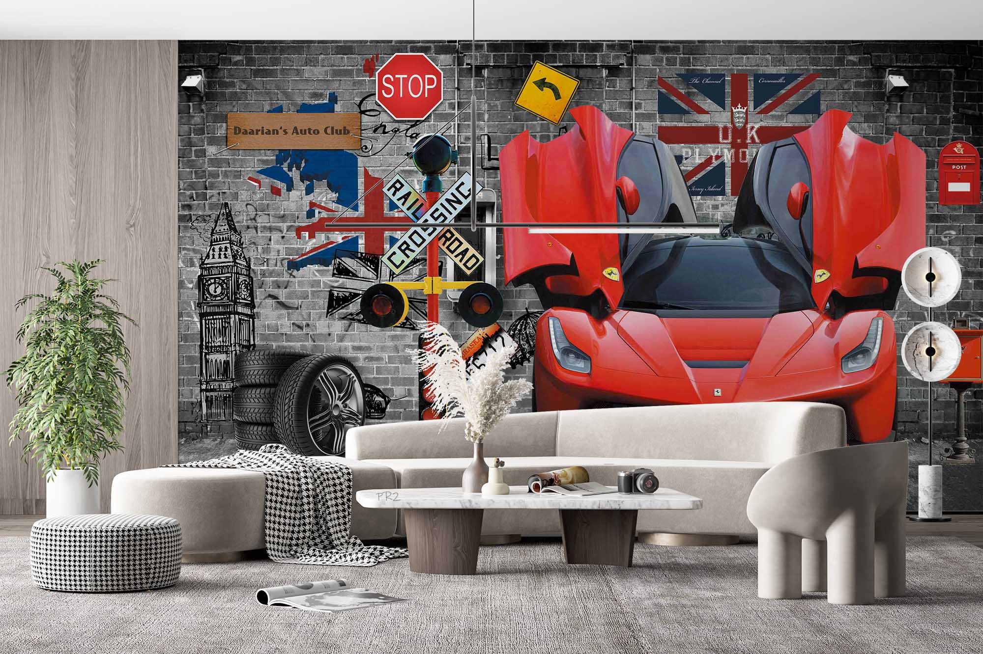 3D Red Ferrari Traffic Sign Wall Mural Wallpaper GD 3787- Jess Art Decoration