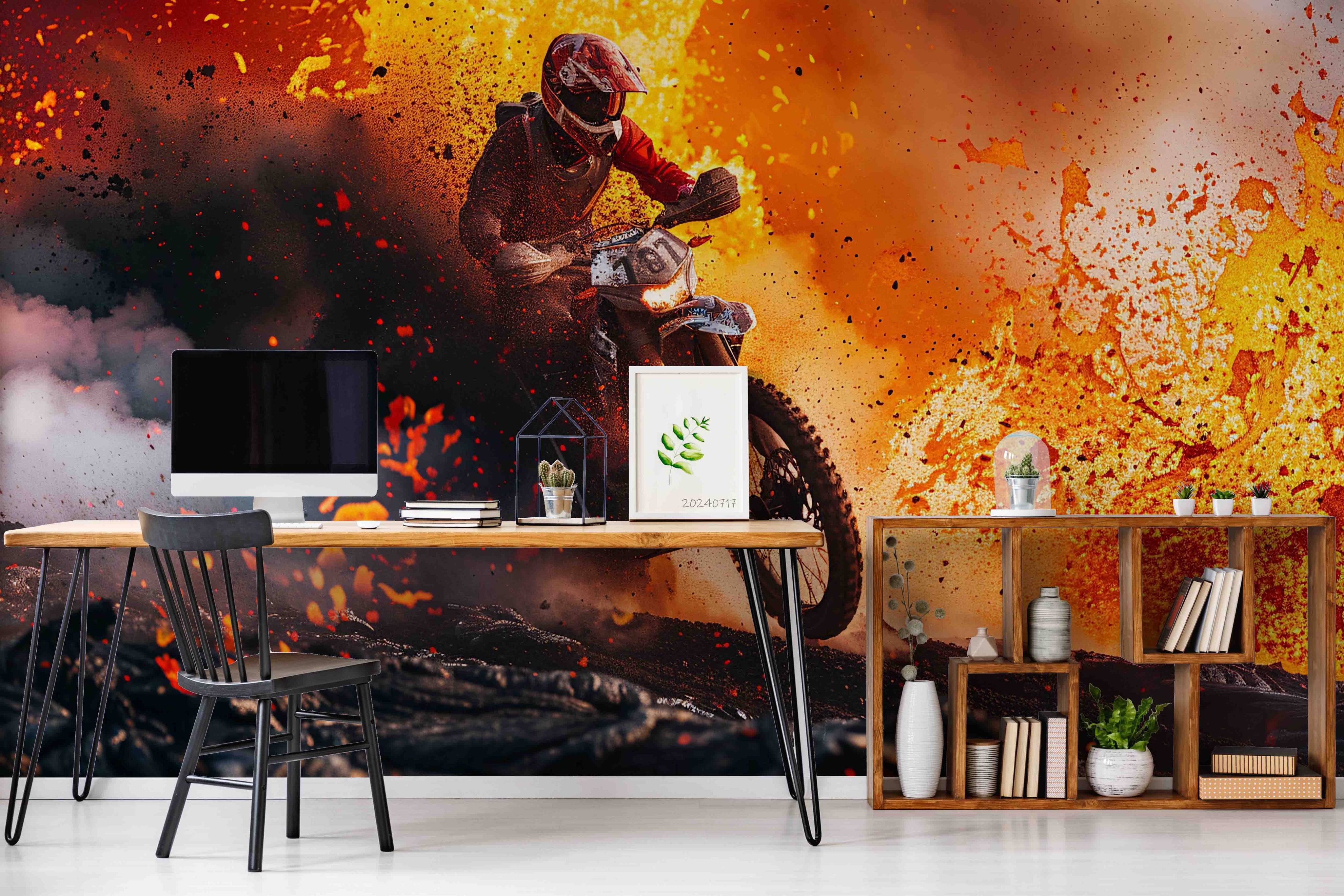 3D Volcano Person Motorbike Fog Wall Mural Wallpaper YXL 78