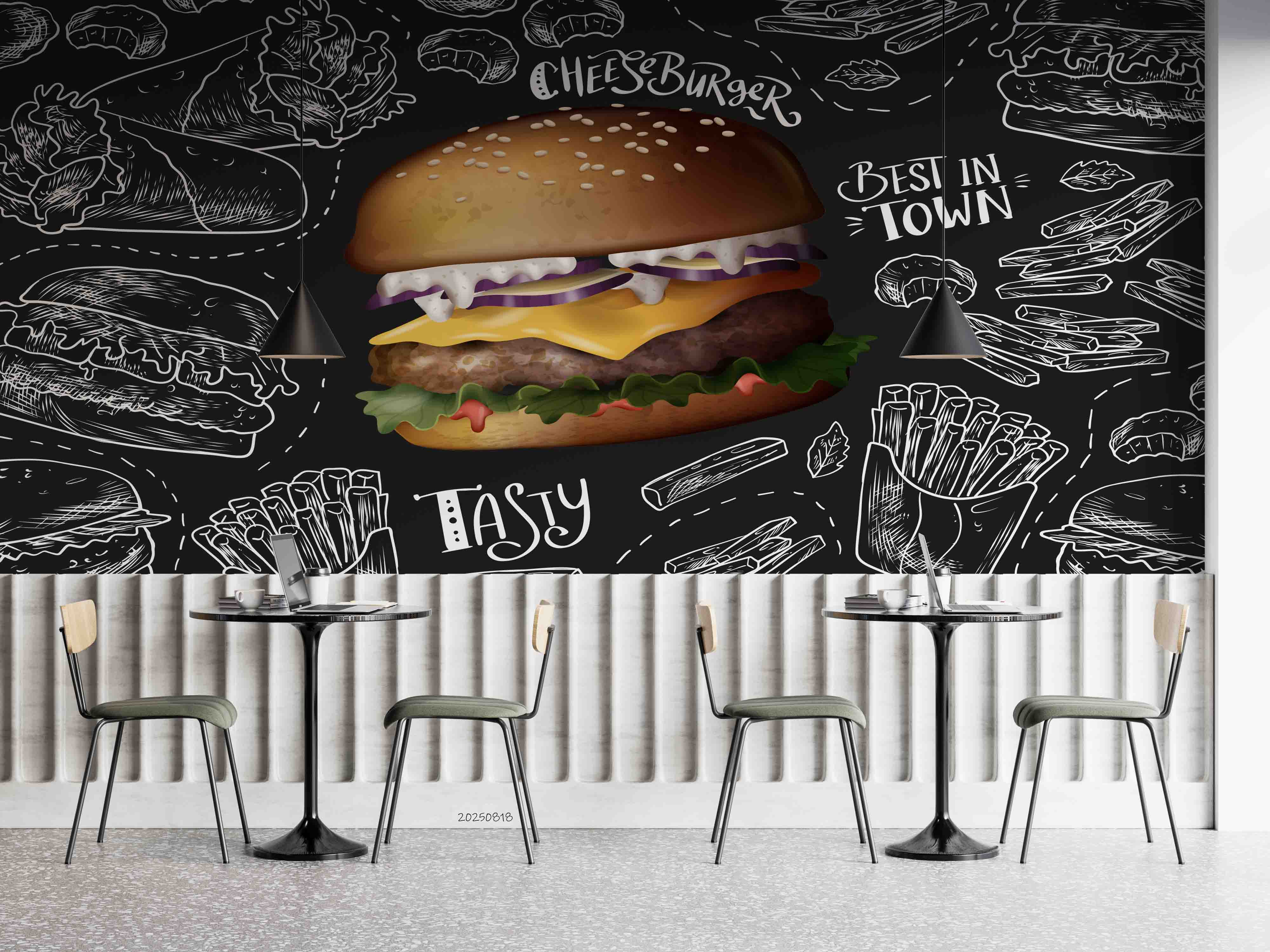 3D Restaurant Snack Bar Diner Fast Food Hamburger Cips Wall Mural Wallpaper 1