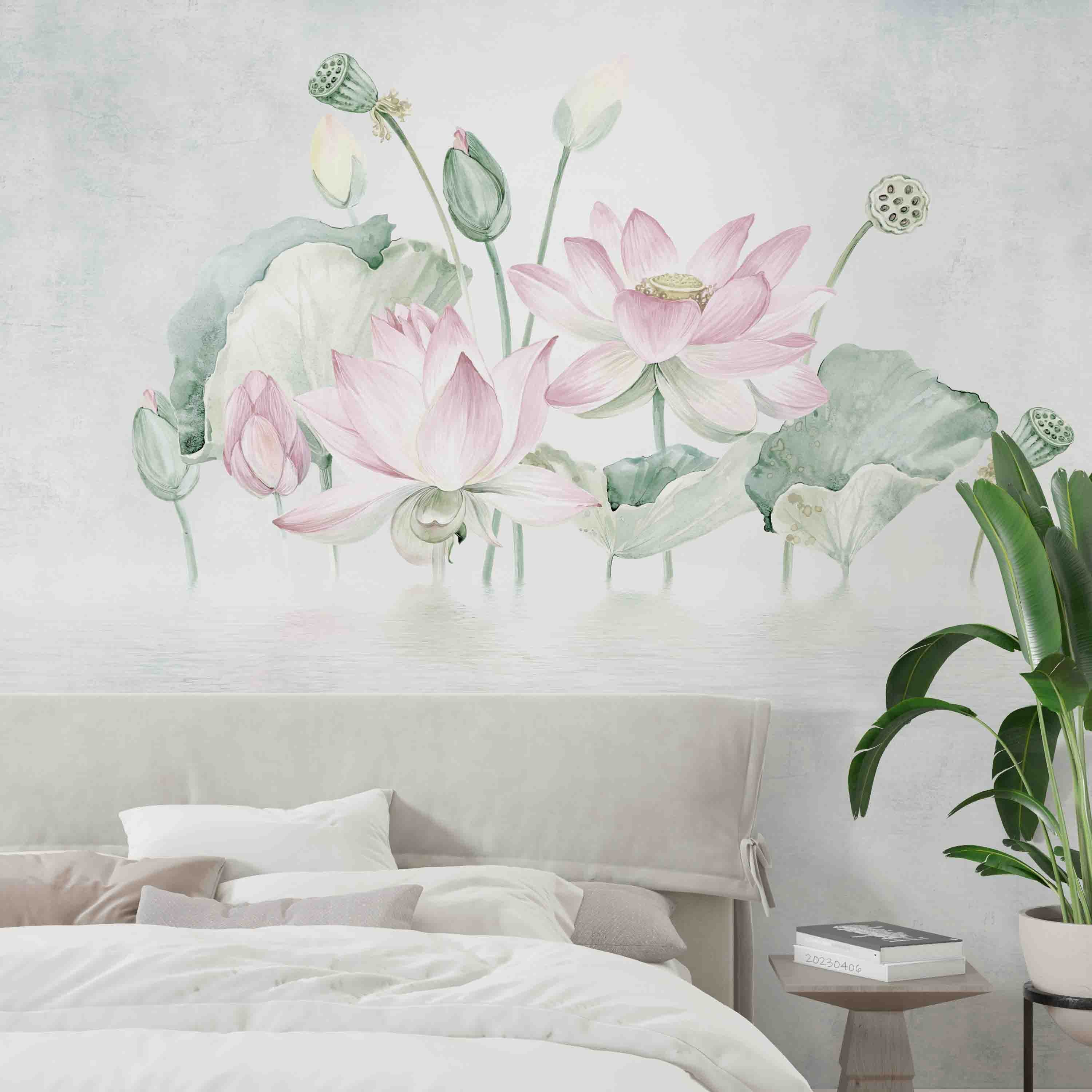 3D Watercolor Plant Pink Lotus Leaves Wall Mural Wallpaper GD 5590- Jess Art Decoration