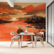 3D Oil Painting Ship Sea House Sunrise Cloud Wall Mural Wallpaper YXL 156
