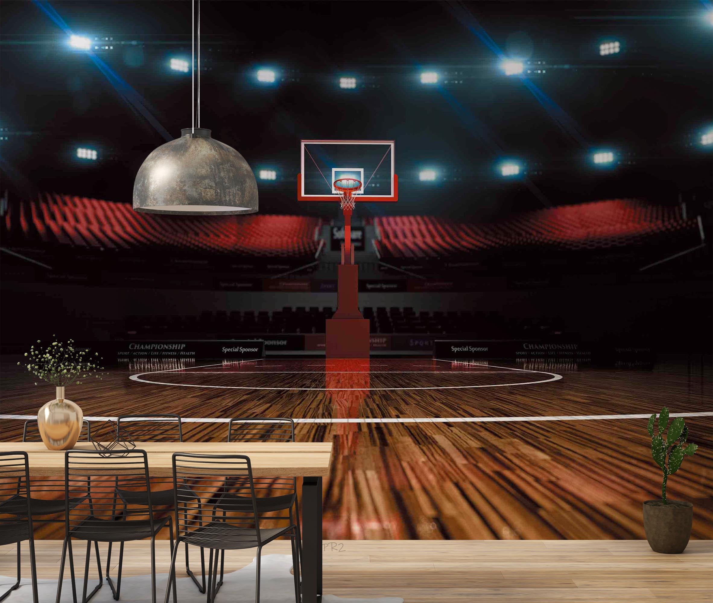 Basketball Court Lighting Wooden Floor Wallpaper basketball wall mural for bedroom, gym or sports room - view 3