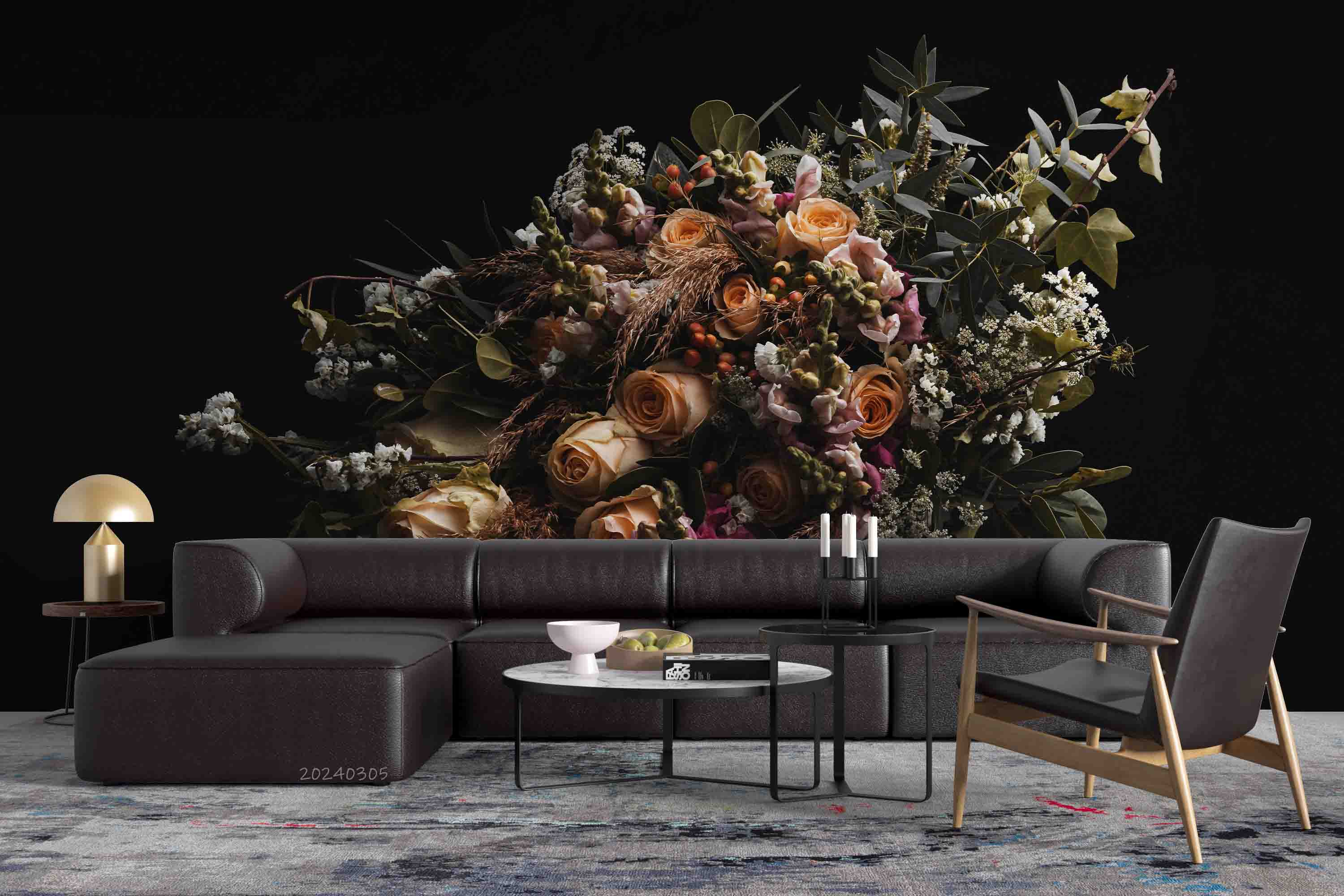 3D Floral Bouquet Dark Background Wallpaper Wall Mural Wall Decor Wall Art Wall Sticker Remoable Wallpaper