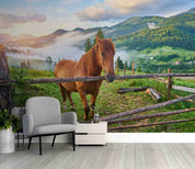 3D Brown Horse Meadow Carpathian Mountains Misty Morning Landscape Wall Mural Wallpaper GD 5345- Jess Art Decoration