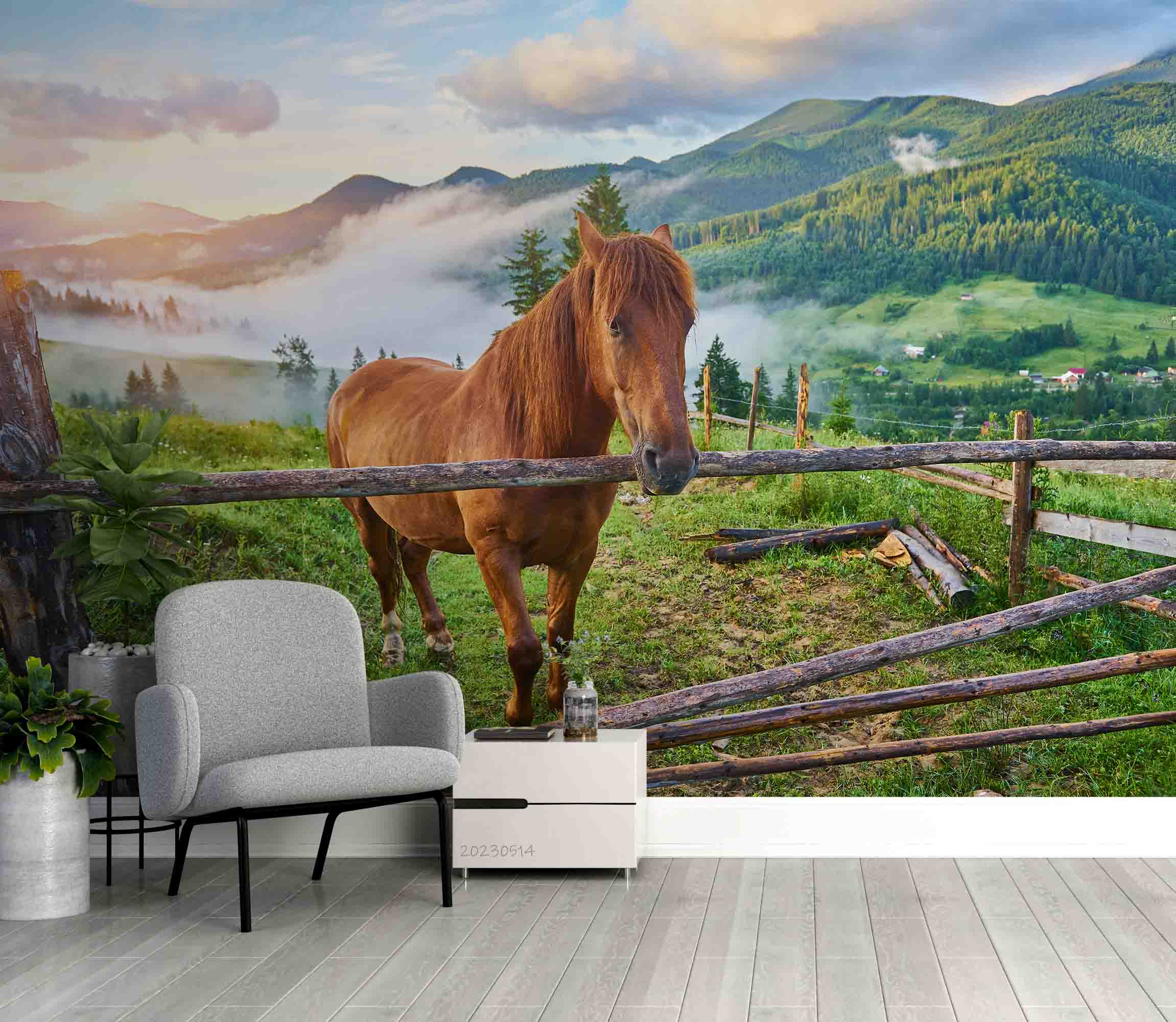 3D Brown Horse Meadow Carpathian Mountains Misty Morning Landscape Wall Mural Wallpaper GD 5345- Jess Art Decoration