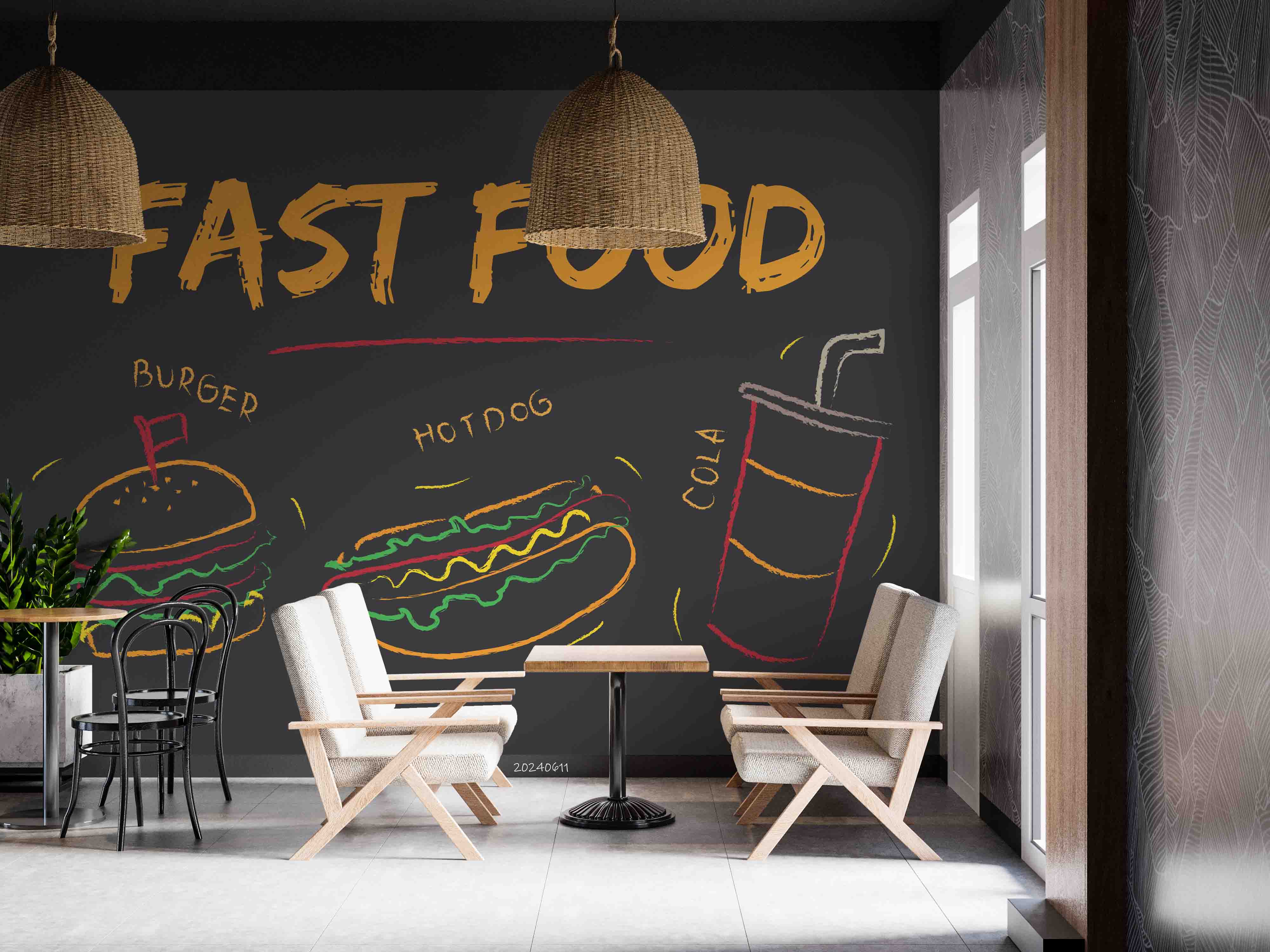 3D Hamburger Drinks Letter Hot Dog Buns Black Wall Mural Wallpaper YXL 253