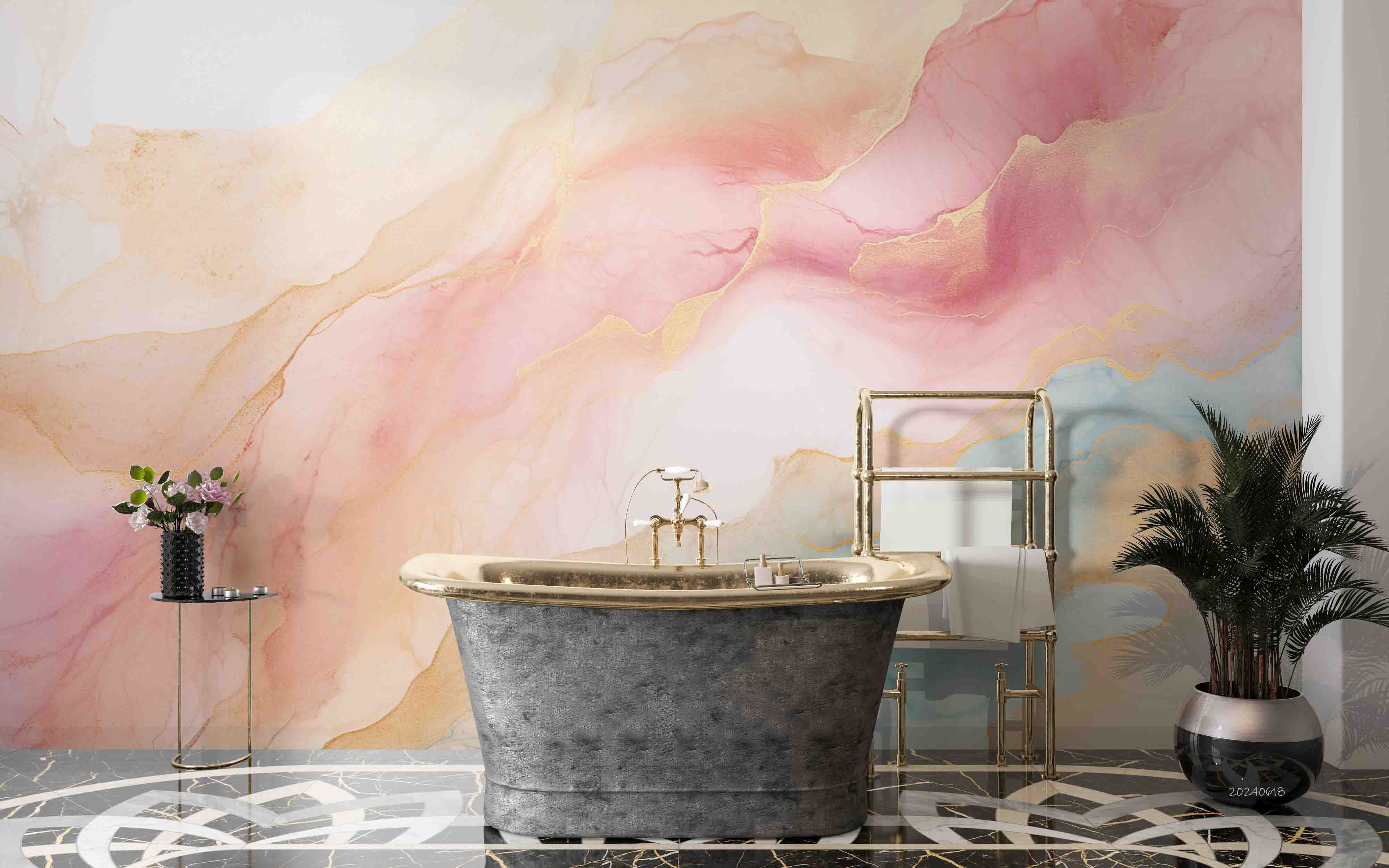 3D Abstract Damaskeen Pink Wave Wall Mural Wallpaper YXL 575