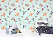 3D Animal Conch Starfish Sea Snail Blue Wall Mural Wallpaper YXL 44
