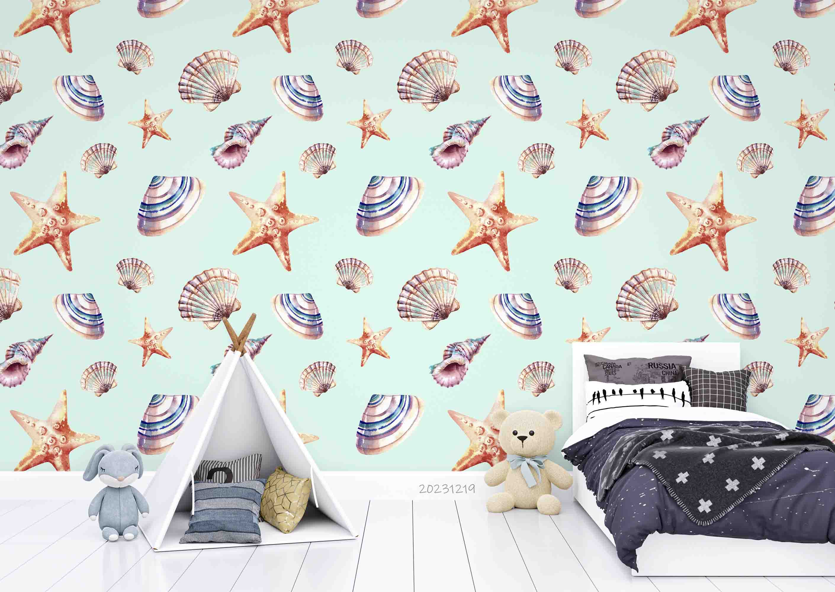3D Animal Conch Starfish Sea Snail Blue Wall Mural Wallpaper YXL 44