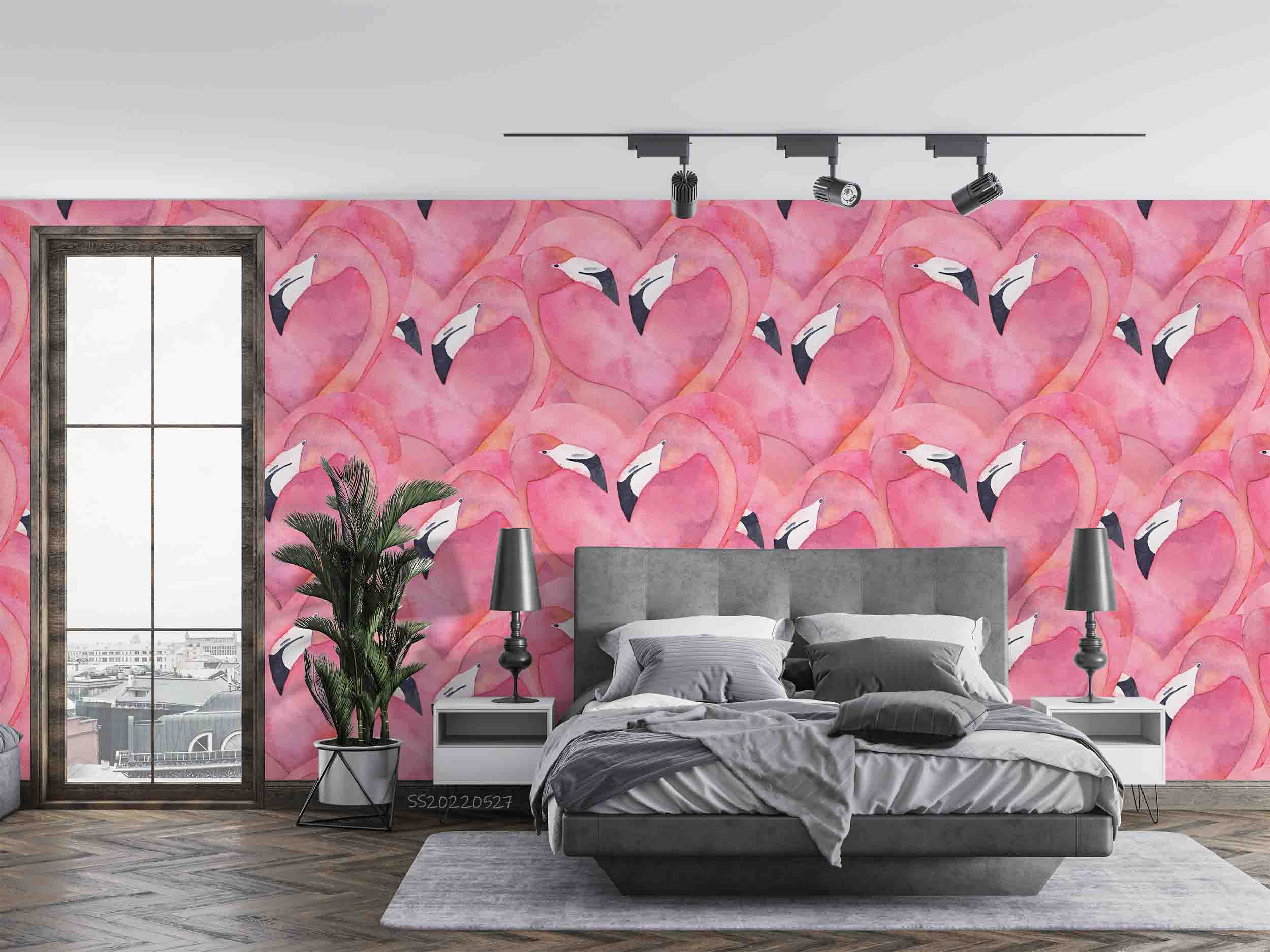 3D Watercolor Pink Flamingo Heart Shape Wall Mural Wallpaper GD 4239- Jess Art Decoration