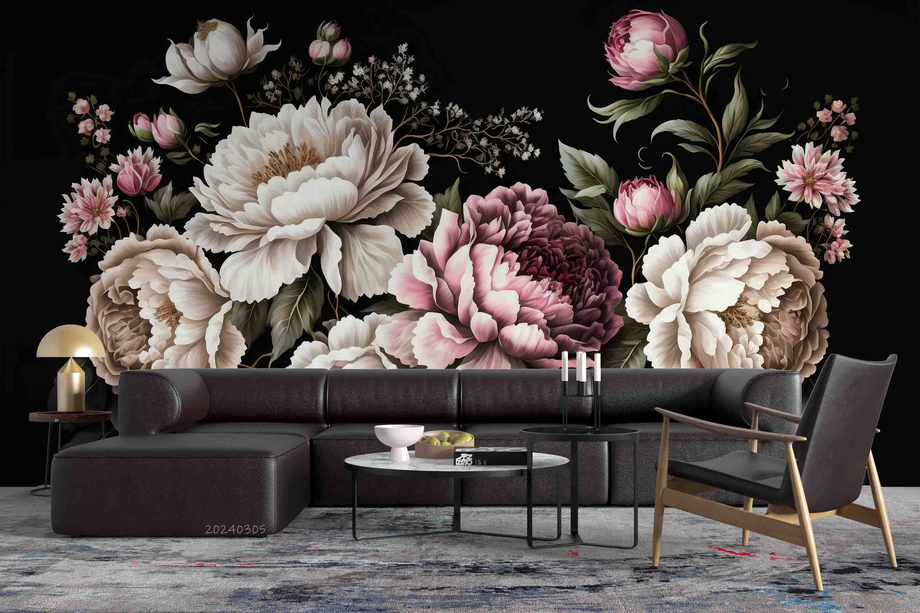 3D Pink Floral Bouquet Dark Background Wallpaper Wall Mural Wall Decor Wall Art Wall Sticker Remoable Wallpaper