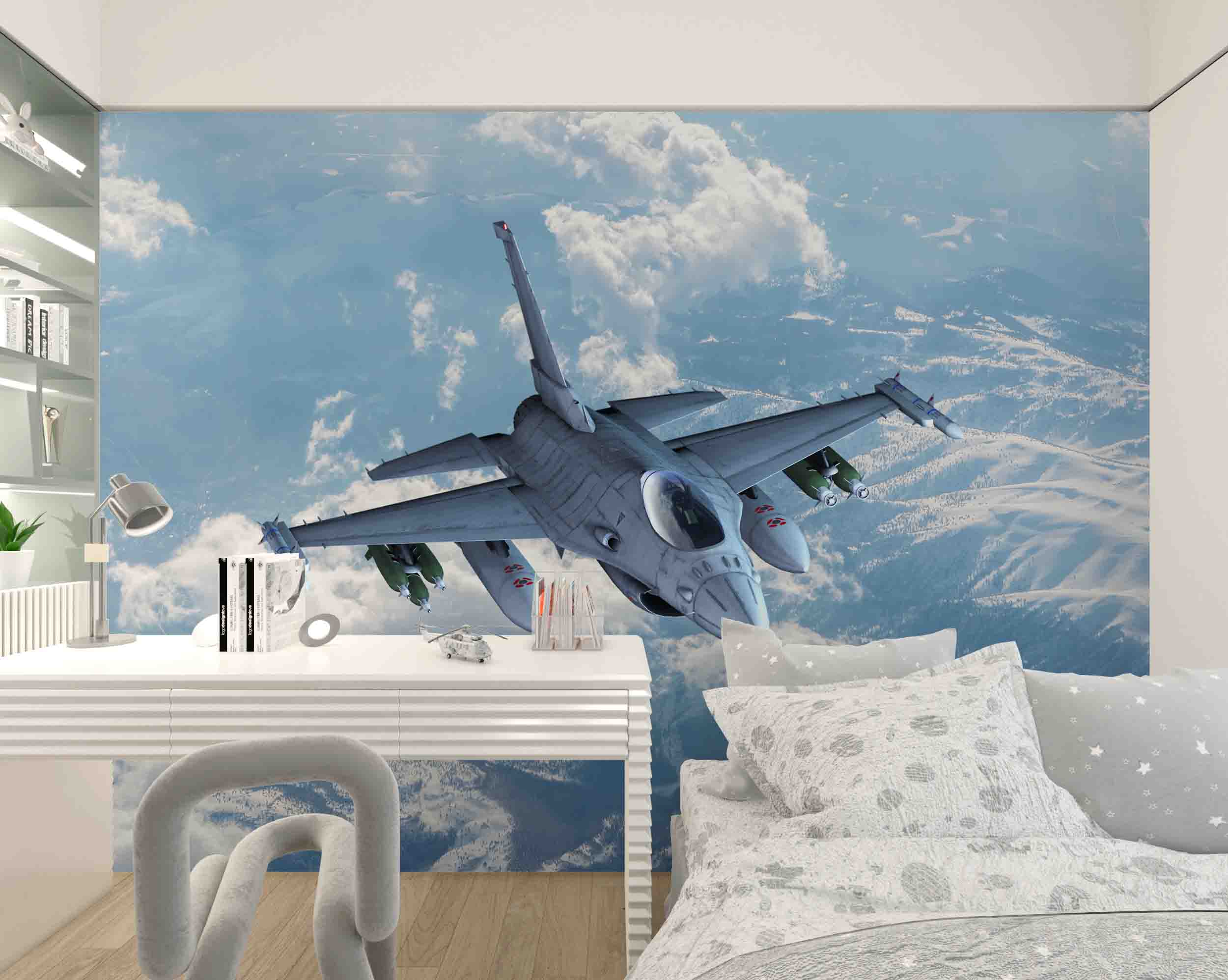 3D Royal Air Force F16 Fighter Mountain Landscape Clouds Wall Mural Wallpaper GD 5377- Jess Art Decoration