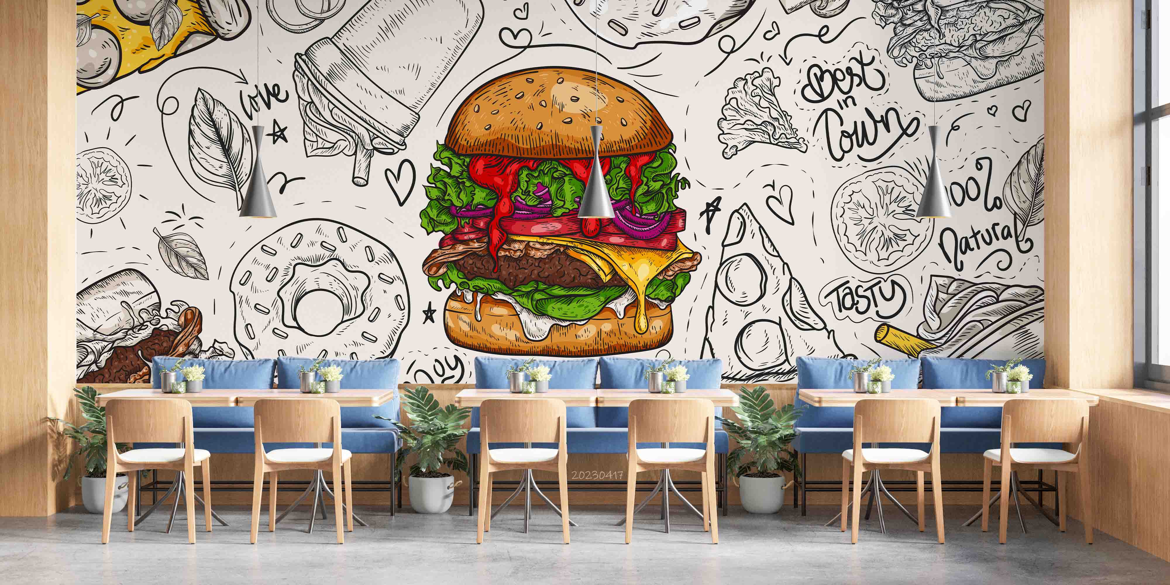3D Fast Food Background Linear Graphic Snacks Collection Wall Mural Wallpaper GD 5495- Jess Art Decoration